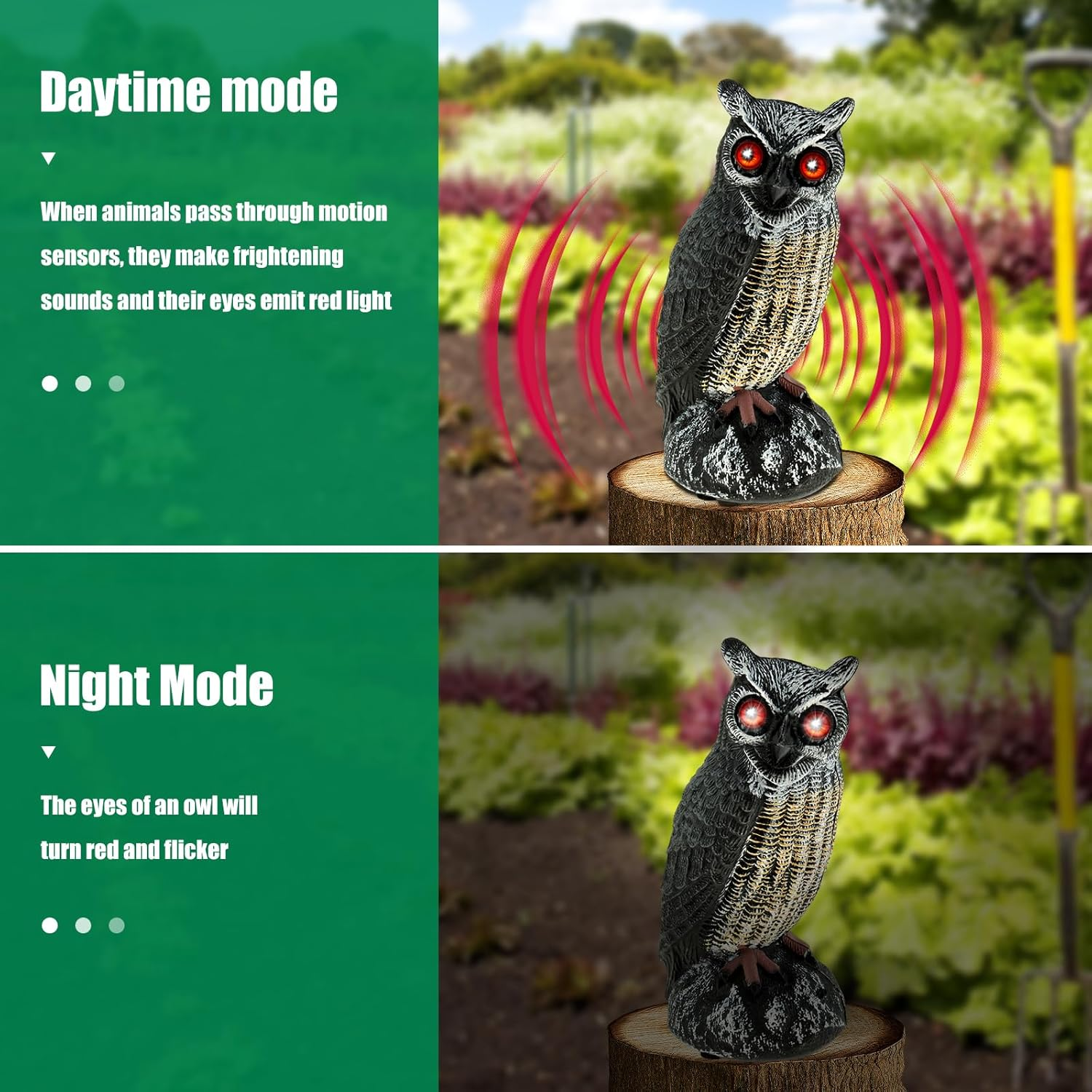 Owl Decoy to Scare Birds Away, Solar Powered Fake Owl Scarecrow Plastic Owls Waterproof Owl Statue with Flashing Eyes & Scary Sound Bird Deterrents for outside Garden Yard Patio (Black) image number 1