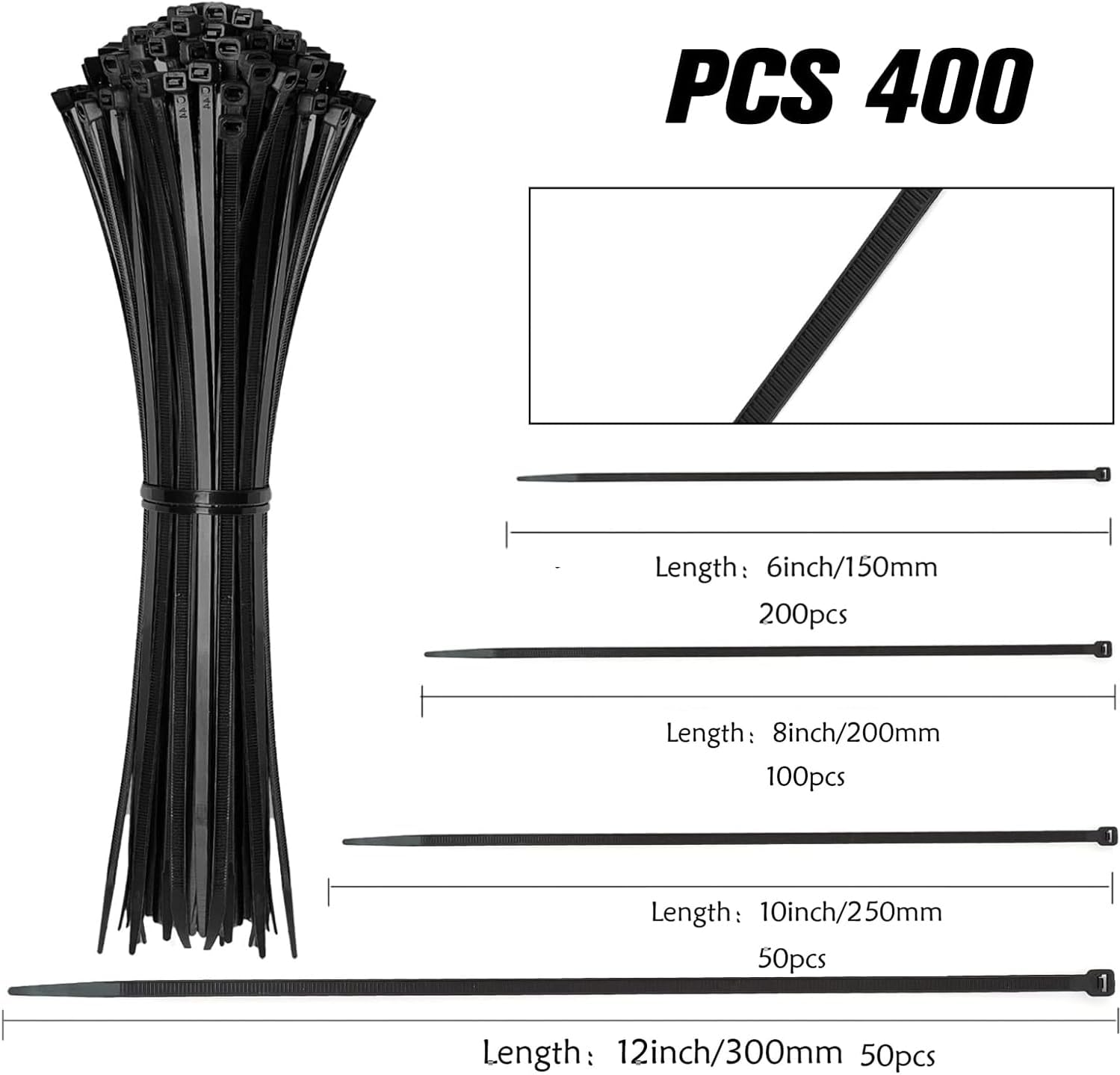 BUYLONG Cable Ties, 400 Pieces Black Various Sizes (6" + 8" + 10" + 12", Multi-Purpose Self-Locking Nylon Cable Wire Management, Plastic Wire Ties for Home, Office, Garden, Workshop - Black image number 4
