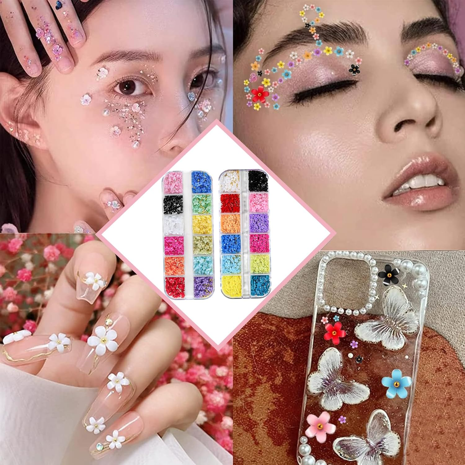 Gaivek 2 Pack 3D Flower Nail Art Charms Set, 12 Grids Spring Blossom Nail Decorations with Gold and Silver Beads, 5-Petal Floral Nails Accessories for DIY Manicure Design image number 1