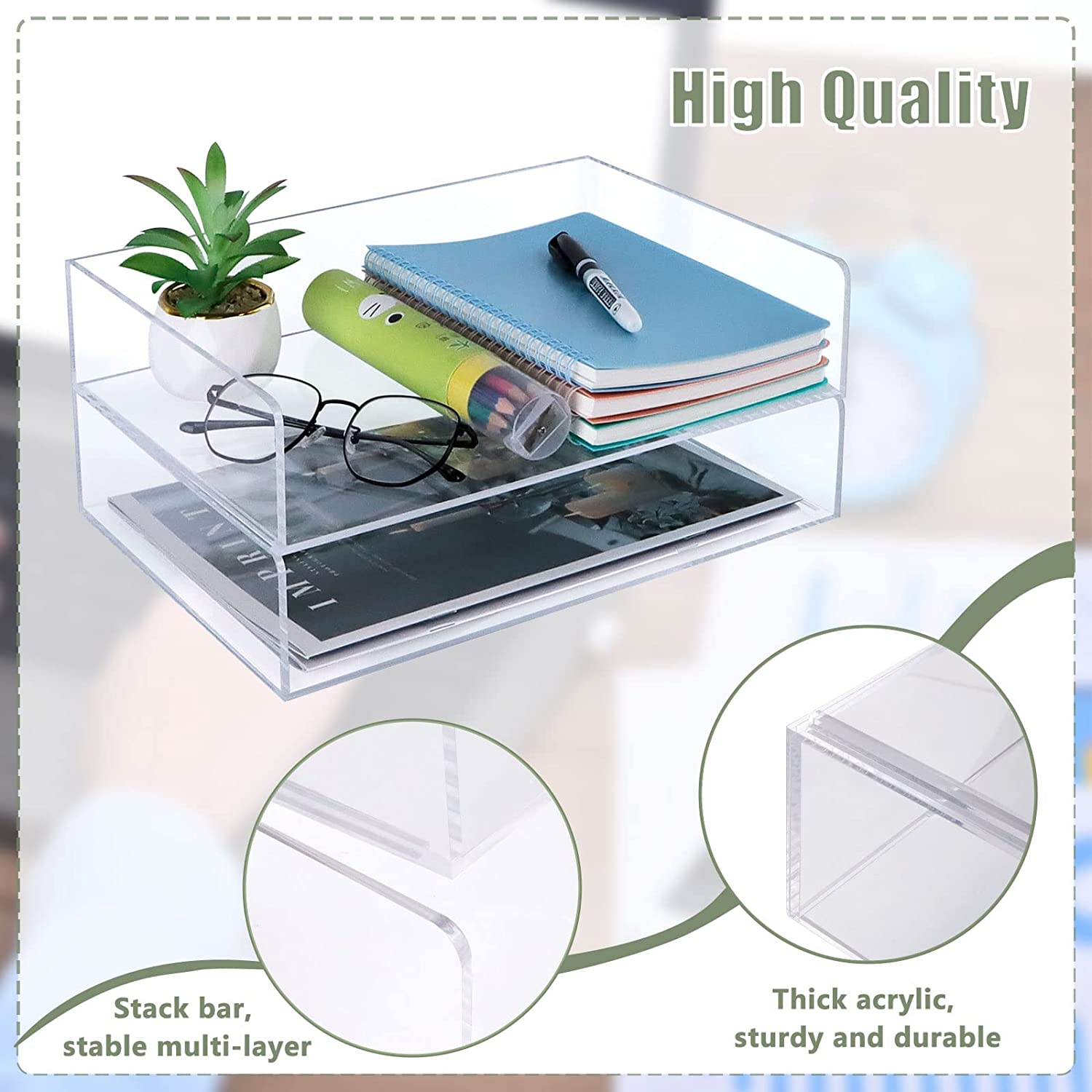Clear Acrylic Desk Organizers, BOJVESH 2-Tier Paper Organizer Tray, Stackable Classroom File Storage, Workspace Supplies Accessories for Office Home Documents A4 Notebook image number 2