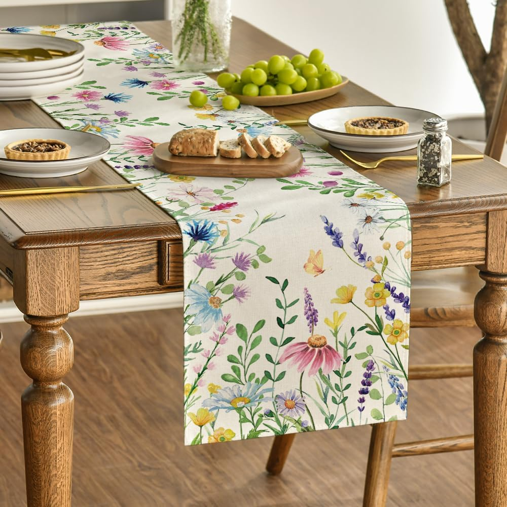 Artoid Mode Daisy Eucalyptus Lavender Floral Leaves Summer Table Runner, Spring Kitchen Dining Table Decoration for Home Party Decor 33 X 183 Cm image number 3