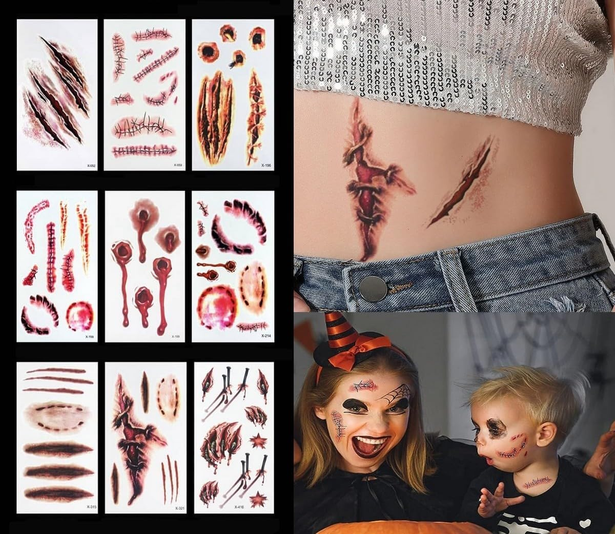 9 Sheets Halloween Tattoos Kids Temporary - Halloween Stickers Waterproof - Cuts, Stitches, Scars, Wounds - Halloween Sticker Pack for Adults Kids - 10.5X6Cm - Steadyink&reg; image number 4