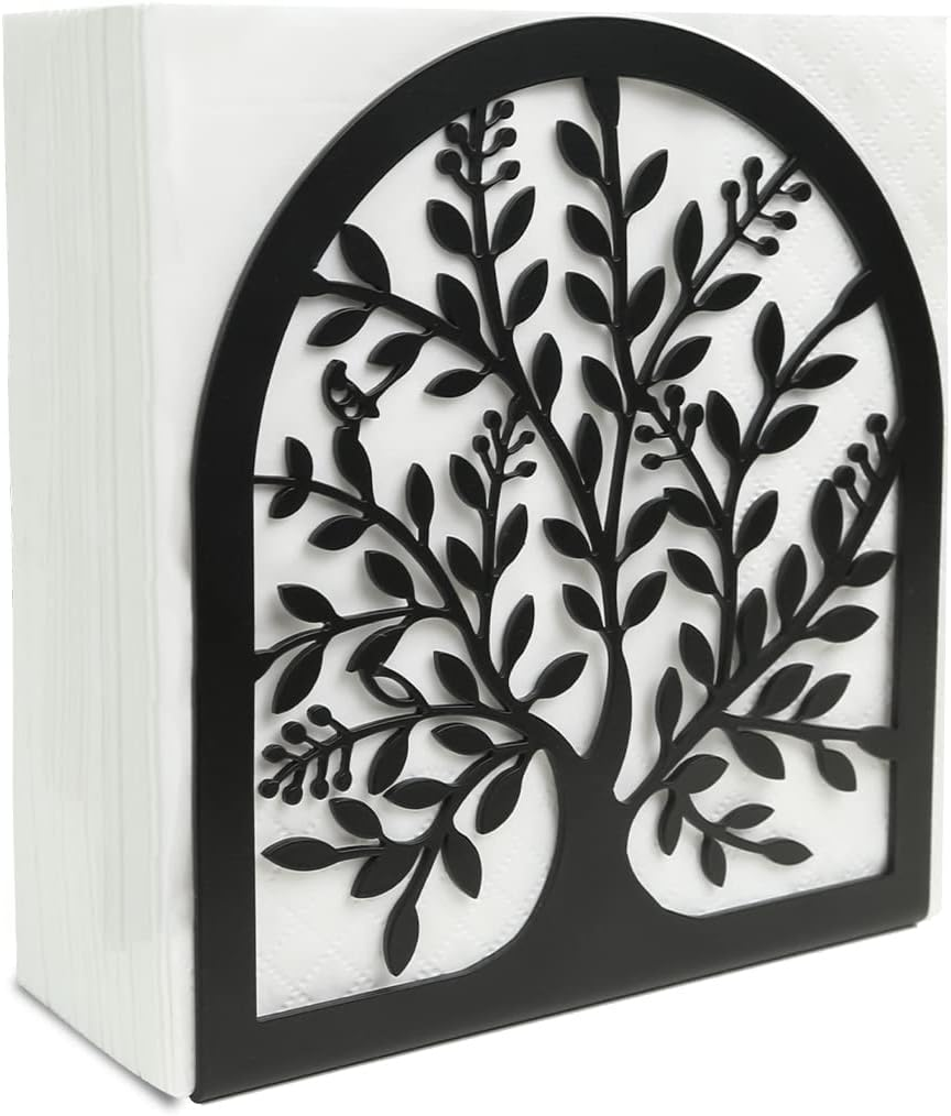 Fobule Napkin Holder for Tables, Vintage Metal Freestanding Tissue Dispenser, Black Cast Iron Vertical Tabletop Paper Napkin Holder Stand for Dinner Home Kitchen Restaurant Picnic Party (Tree of Life)
