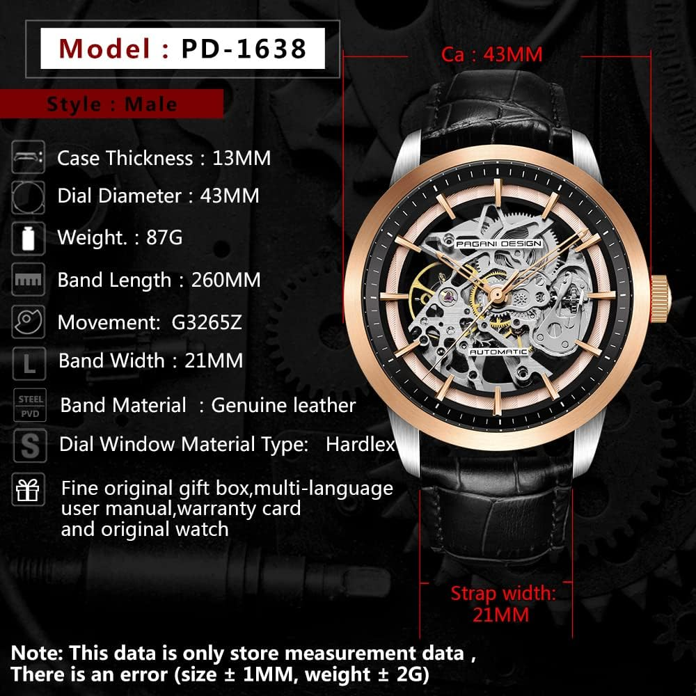 Pagani Design 2024 Men'S Automatic Skeleton, Automatic Stainless Steel Men'S Watch, Leather Strap, Pointer Series, Waterproof up to 100 Metres