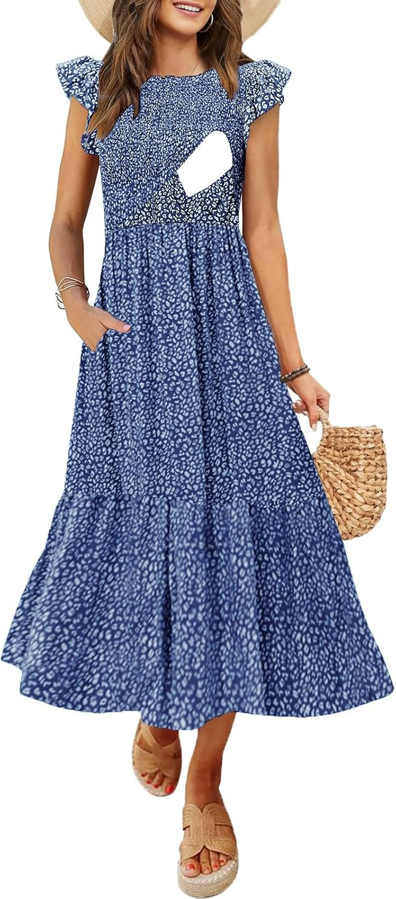 Women'S Nursing Dress Flutter Short Sleeve Crew Neck Smocked Elastic Waist Tiered Midi with Pockets image number 4