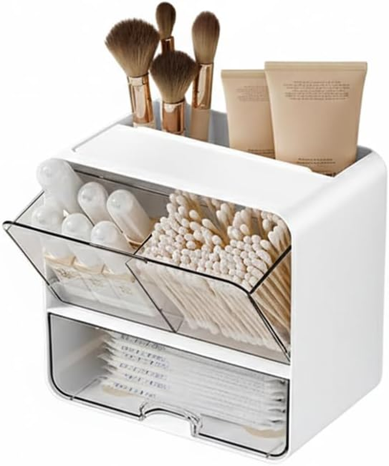 RUTREZOGO Transparent Bathroom Wall Mounted Organizer, Multi-Compartment Plastic Drawer Organizer, Cotton Swab Dispenser, Makeup Organizer for Bathroom, Kitchen, Living Room and Dormitory image number 1