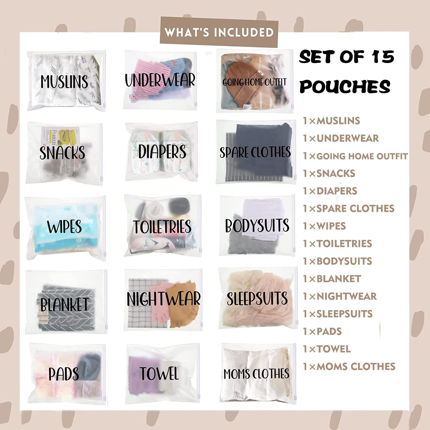 Agromusk 15 Pack Hospital Bags for Labor and Delivery,11 X 14 Inch Maternity Bag Essentials Mommy Born Baby,Diaper Organizing Pouches Resealable Frosted Pre Packed First Time Mom Must Haves image number 3