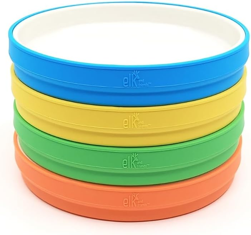 Elk and Friends Kids 7.8&rdquo; Porcelain White Plates with Silicone Sleeves | Suitable for Babies/Toddlers | Microwave & Dishwasher Safe | Non Slip Dinnerware | Snack Dishes | 4 Pack image number 3
