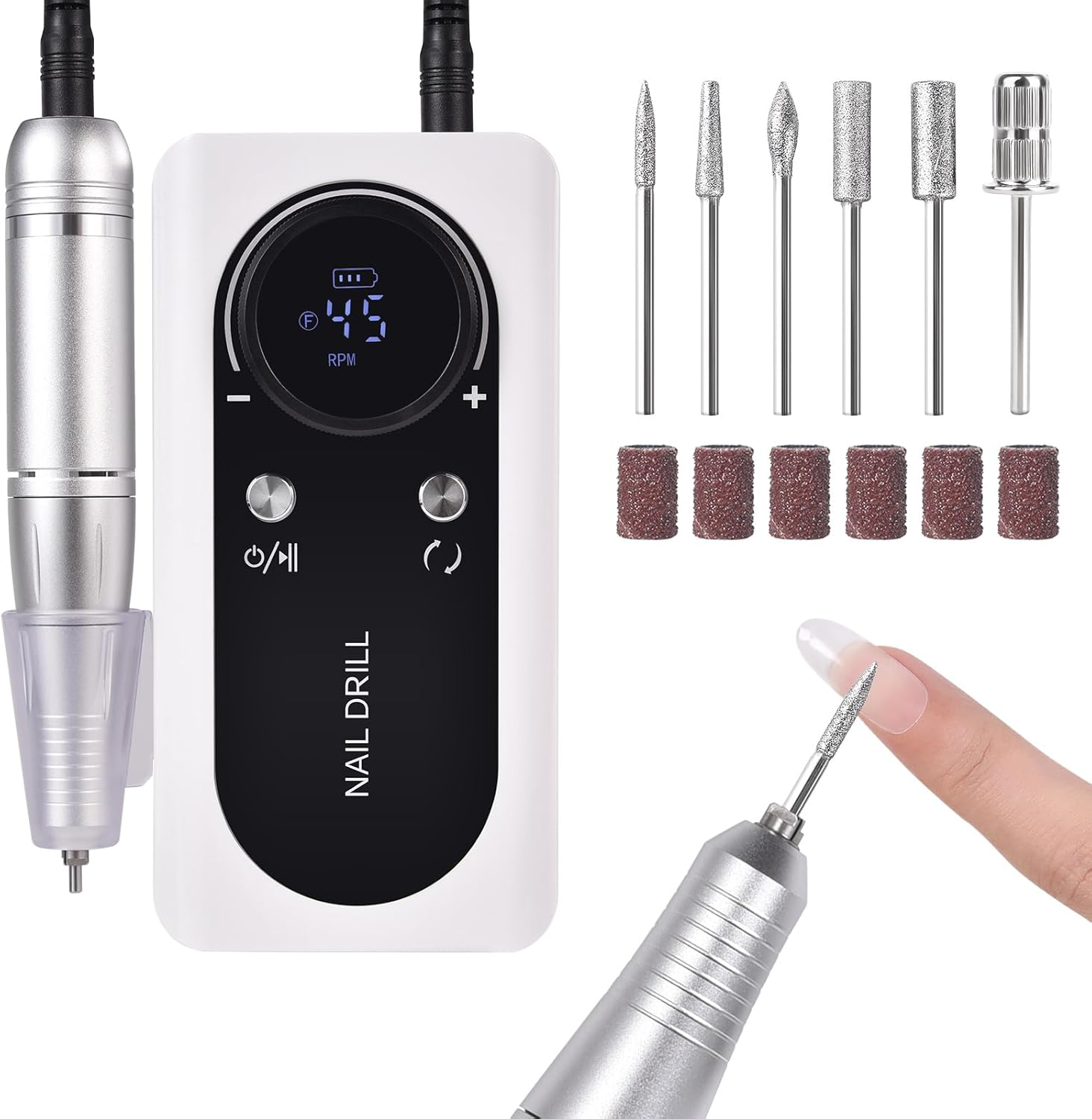 Siyuwuro Portable Nail Drill 45000 RPM Professional Cordless Rechargeable Electric Nail File for Removing Polishing Acrylic Gel Nails with 6 Drill Bits & Sanding Bands, Nail Salon Home Use (Pink)