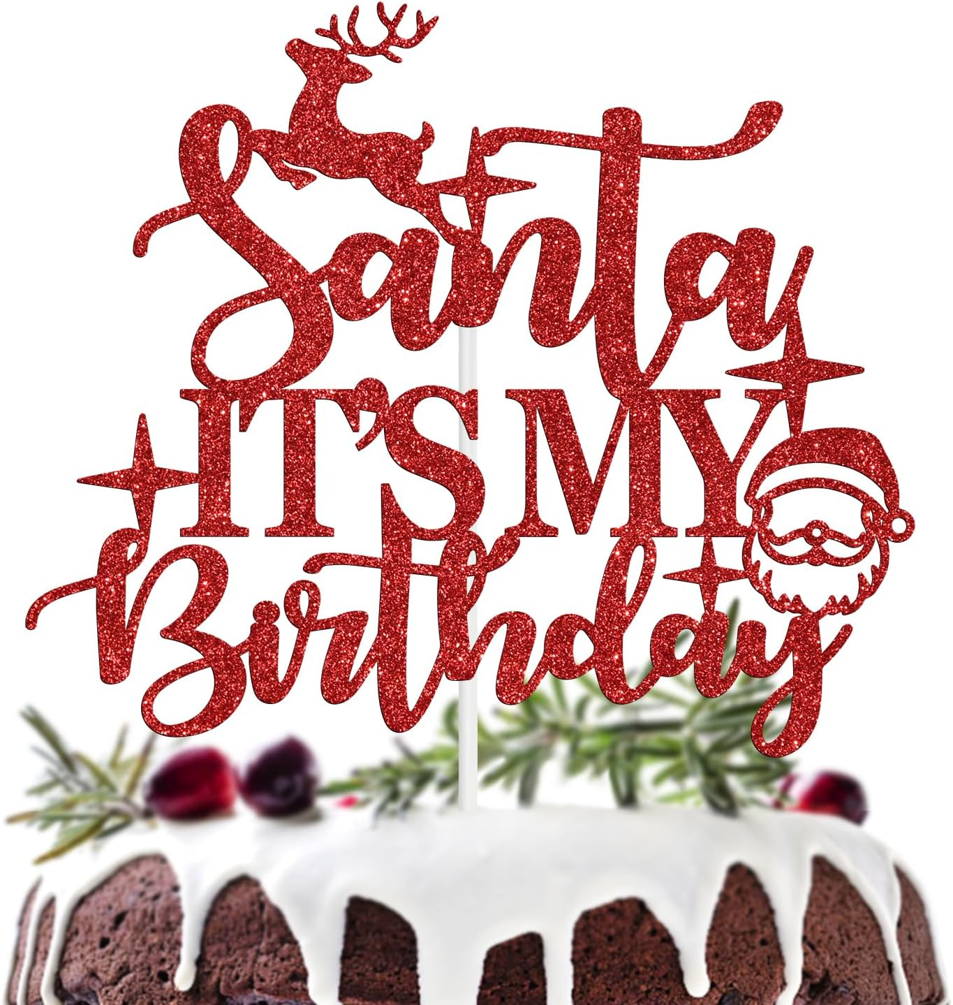 Santa It'S Your Birthday Cake Topper, Happy Birthday Jesus Cake Decor, Winter Christmas Birthday Party Decoration Supplies, Red Glitter image number 4