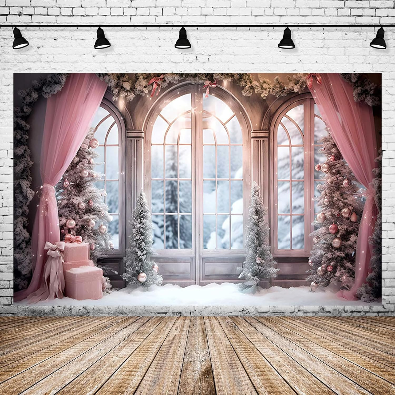 Pink Curtain Winter Xmas Photo Background Christmas Winter Snow Forest Window Photography Background Family Holiday Party Decorations Baby Shower 1St Birthday Backdrop,7X5Ft image number 6