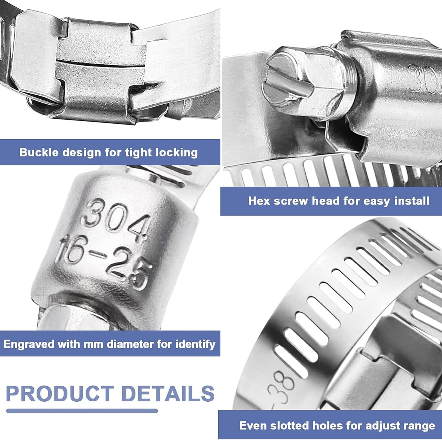 AEEGO 120-Piece Hose Clamp Combo Kit - Stainless Steel Hose Clamps 1/4''&ndash;1-1/2'' Worm Gear Clamps for Pipes, Fuel Lines, Water Pipes, Radiators, Garden Automotive and Mechanical Applications image number 3