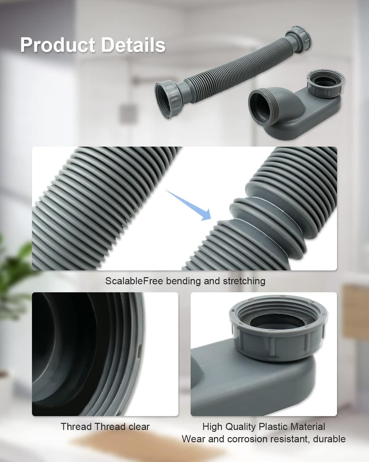Nahntaipy Low Profile 1 1/2 P Trap Bathtub Shower Drain Pipe, Flat P Trap Freestanding Tub Drain for Bath image number 1