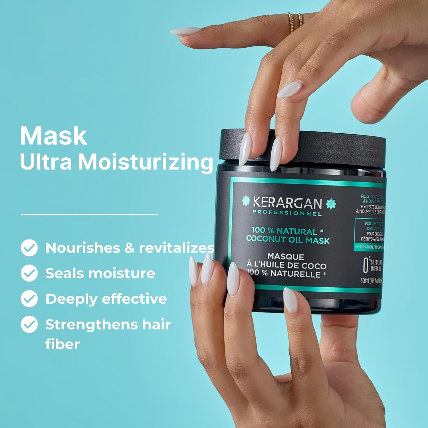 Kerargan - Hair Mask with Coconut, Argan and Chamomile Oil to Deeply Nourish Your Hair and Moisturise - for Dry and Brittle Hair - No Sulphates, Parabens and Silicone - 500 Ml image number 2