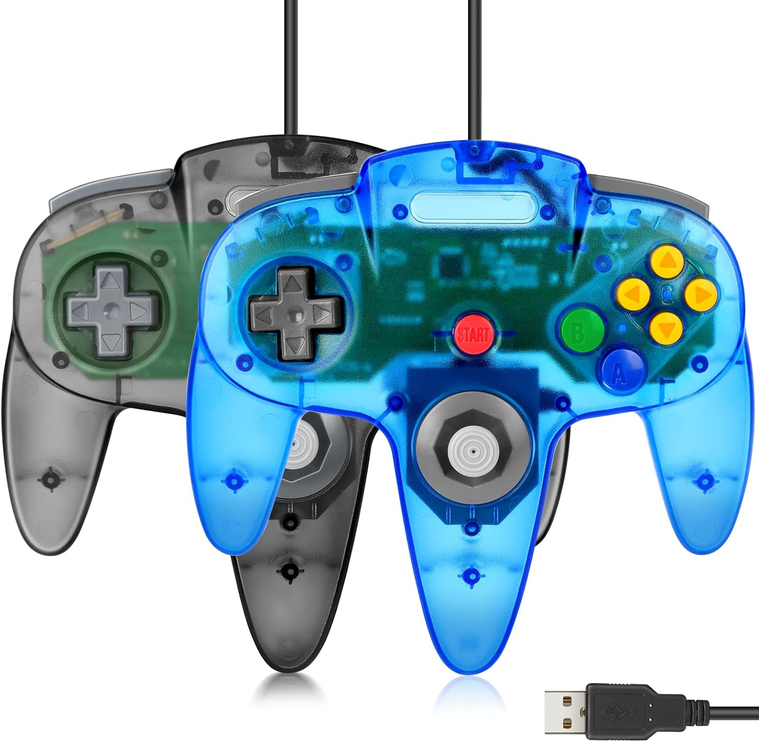 2 Pack Wired USB N64 Controller, FISUPER Classic Video Game Controller USB Gamepad for Windows PC MAC Raspberry PI Retropie (Clear Black + Clear Blue) image number 3