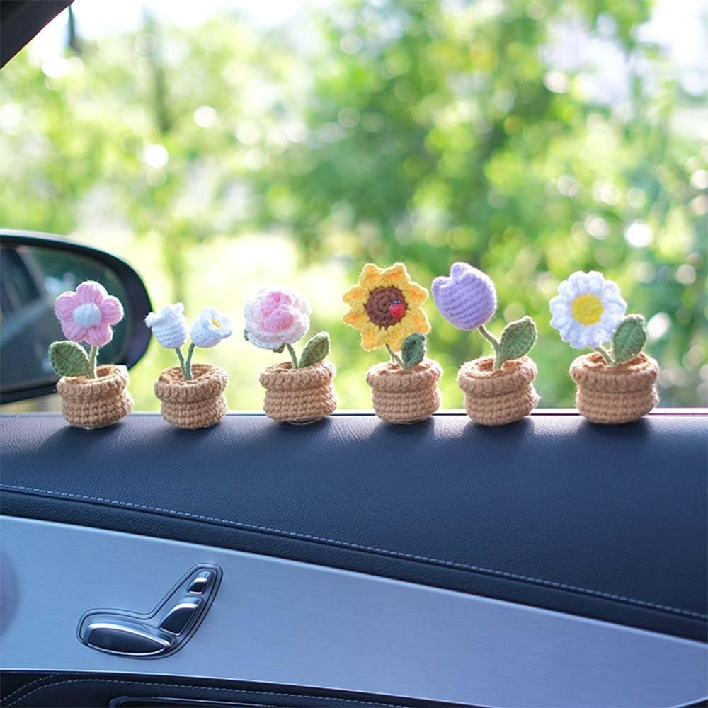 Handmade Crochet Flowers,Small Potted Knitted Desk Decorations Home Decoration Car Dashboard Decorations Crochet Artificial Flower (Sunflower)