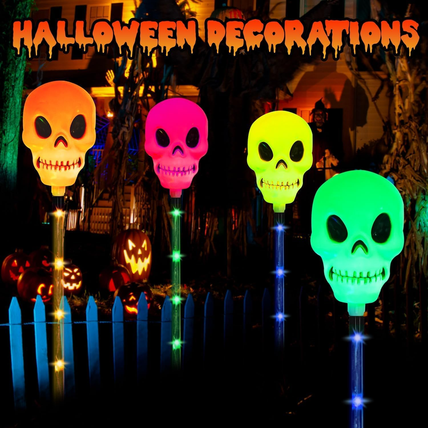 XIJUAN Halloween Decor 4-Set Solar Pathways Lights with Multi-Color Waterproof Skeleton Lights for Halloween Decorations Outdoor outside for Yard Garden Walkway Lawn image number 1