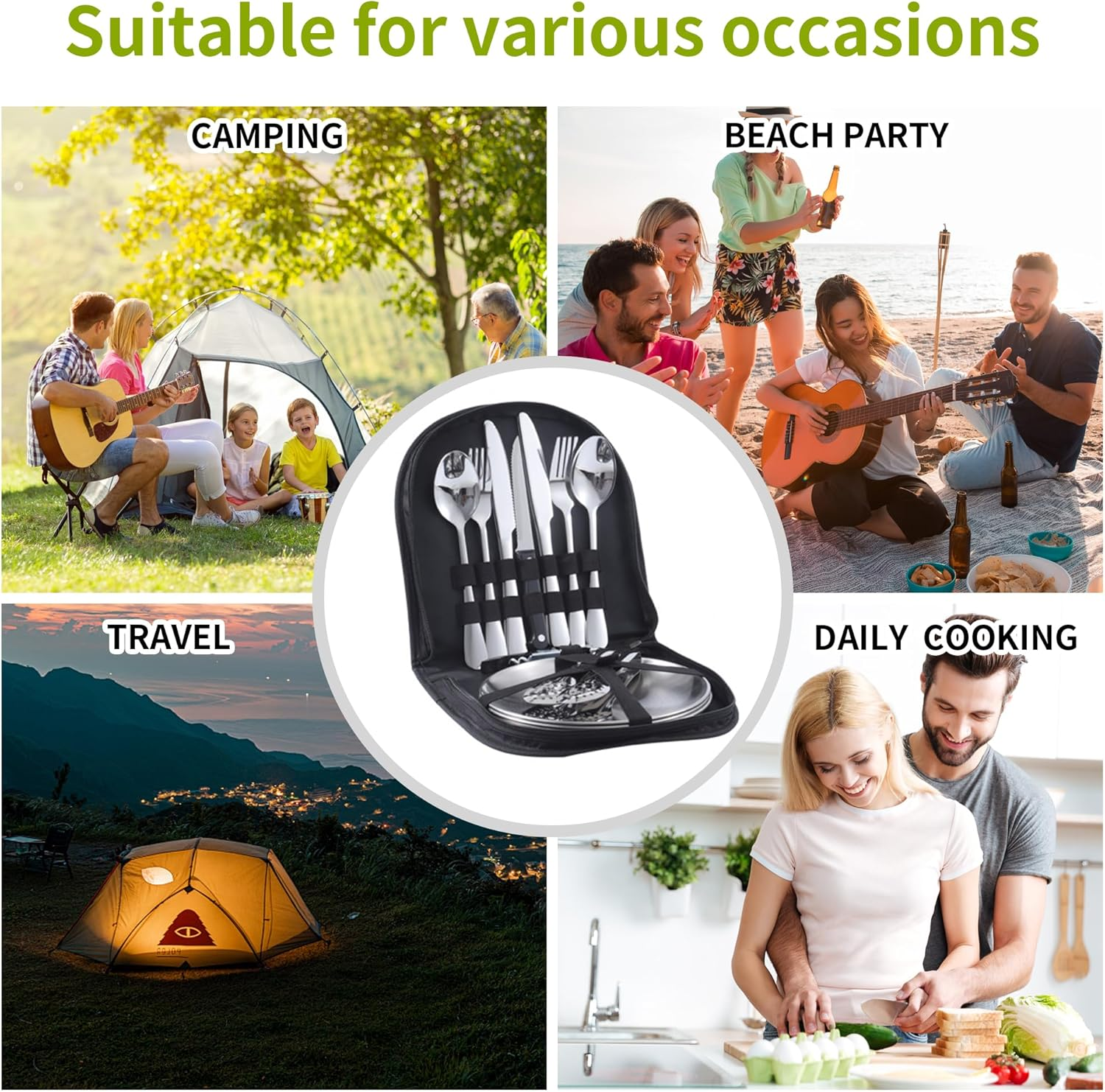 Camping Utensils Kit 20/11 PCS Outdoor Camping Dishes Set with Cutlery Bag, Spoon Fork Knife Plate Tongs for 4 People &ndash; Portable Picnic, Hiking, and Family Camping Tableware (Silver) image number 5