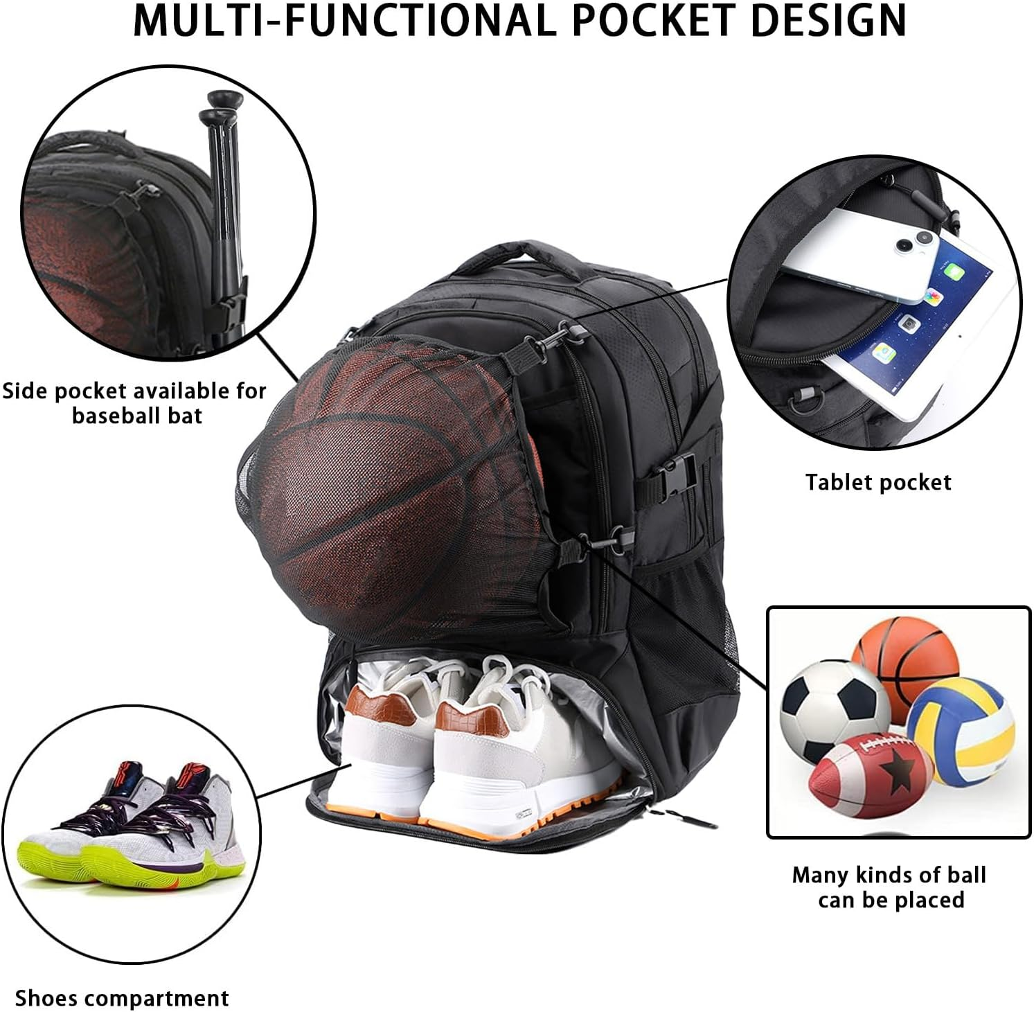 Ruaizel Basketball Backpack with Separate Ball Holder & Shoes Compartment, 40L Large Capacity Basketball Equipment Bag with Detachable Mesh Pocket for Volleyball Soccer Swim Gym Travel (Black) image number 5