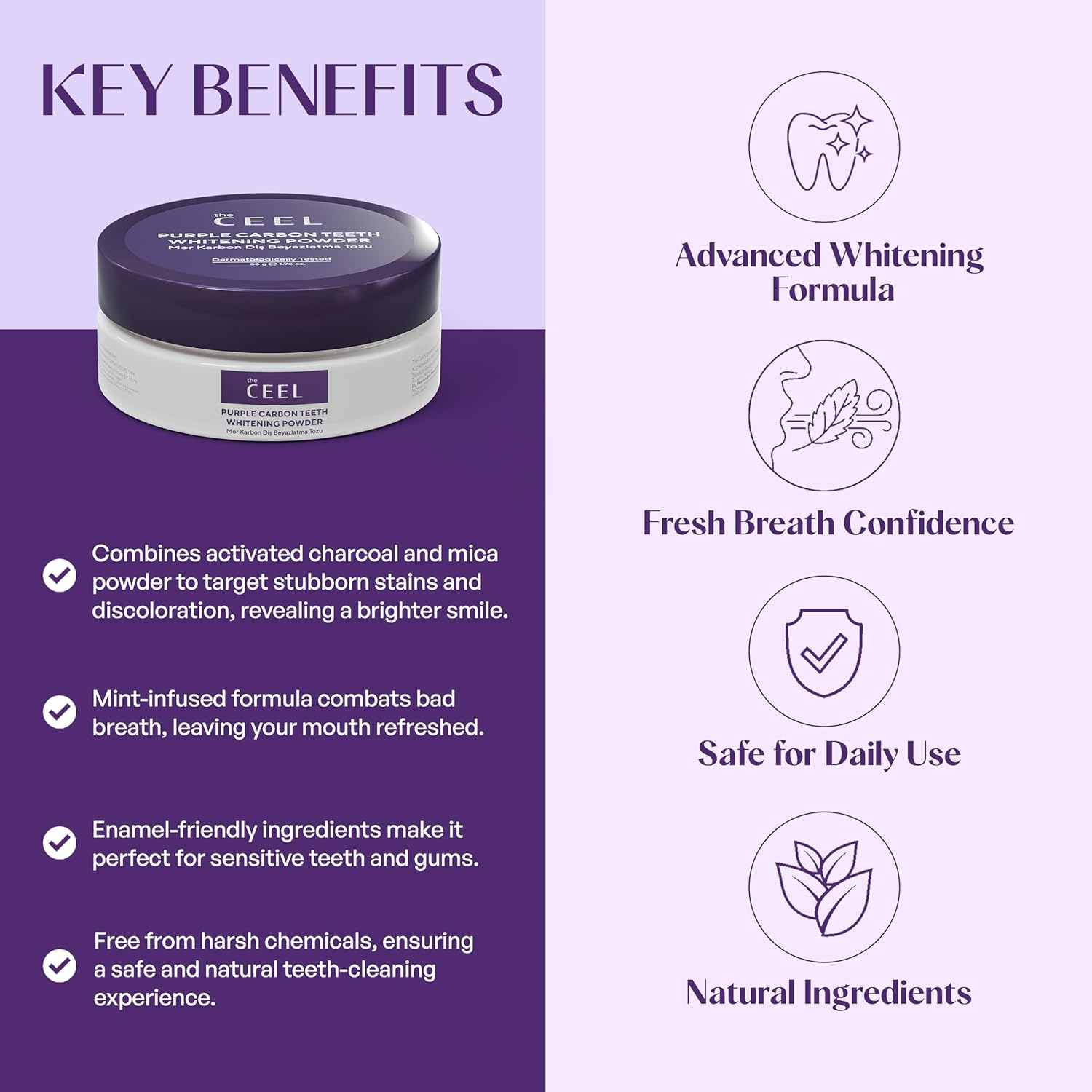 Purple Teeth Whitening Tooth Powder with Activated Charcoal & Mica - Color Correcting Yellow Teeth Oral Care Formula with Mint & Xylitol - Fresh Breath, Healthy & Brighter Smile - 50G image number 4
