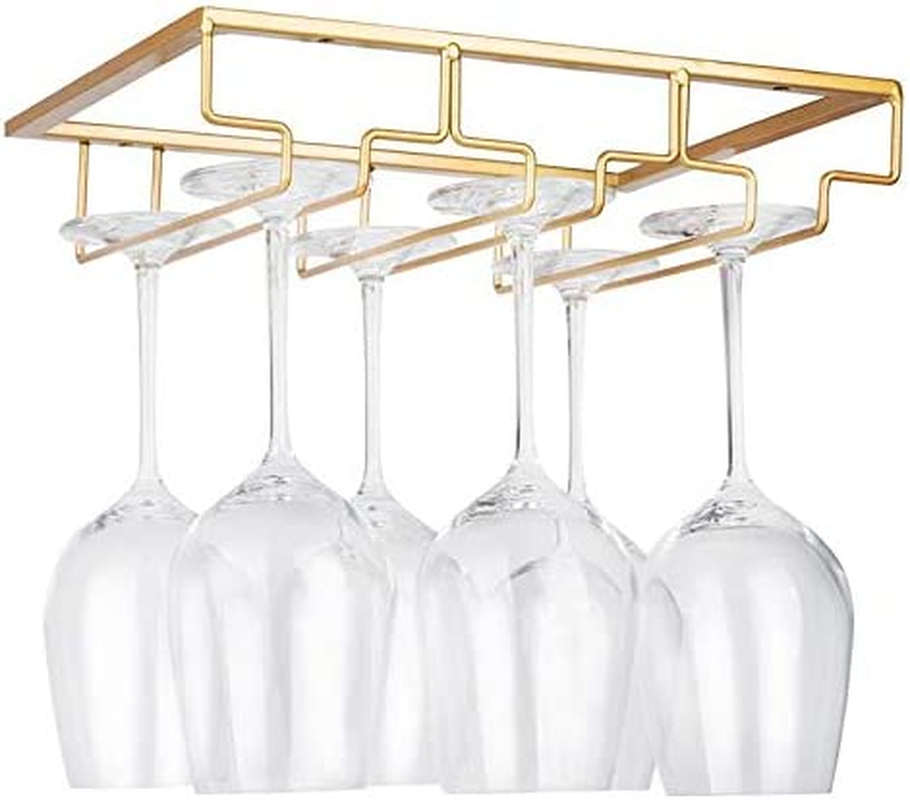Wine Glass Rack - under Cabinet Stemware Wine Glass Holder Glasses Storage Hanger 2 Pack Metal Organizer for Bar Kitchen 4 Rows Gold