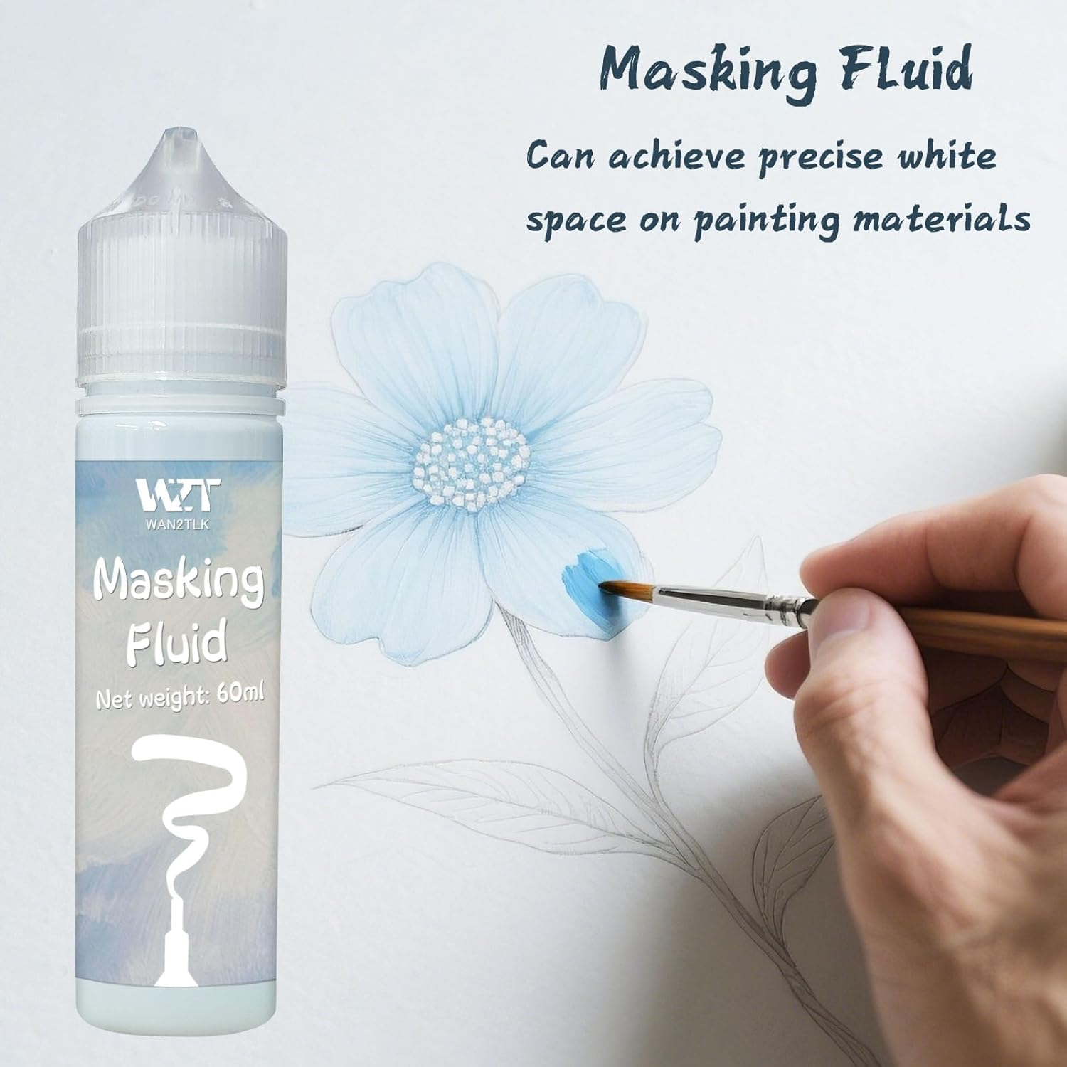 WAN2TLK Watercolor Masking Fluid 60Ml with a Paintbrush and Eraser, Masking Fluid for Watercolor Painting and Various Art Projects - Keeps Areas Free of Colour and Edges Crisp image number 3