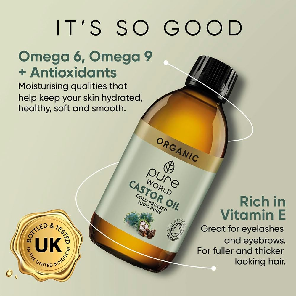 Pure World Natural Organic Castor Oil 250Ml Premium Quality Cold & Fresh Press Glass Bottle Hexane Free for Hair, Skin - Ideal for Moisturizing, Conditioning, and Eyelashes & Eyebrows- Food Grade image number 4