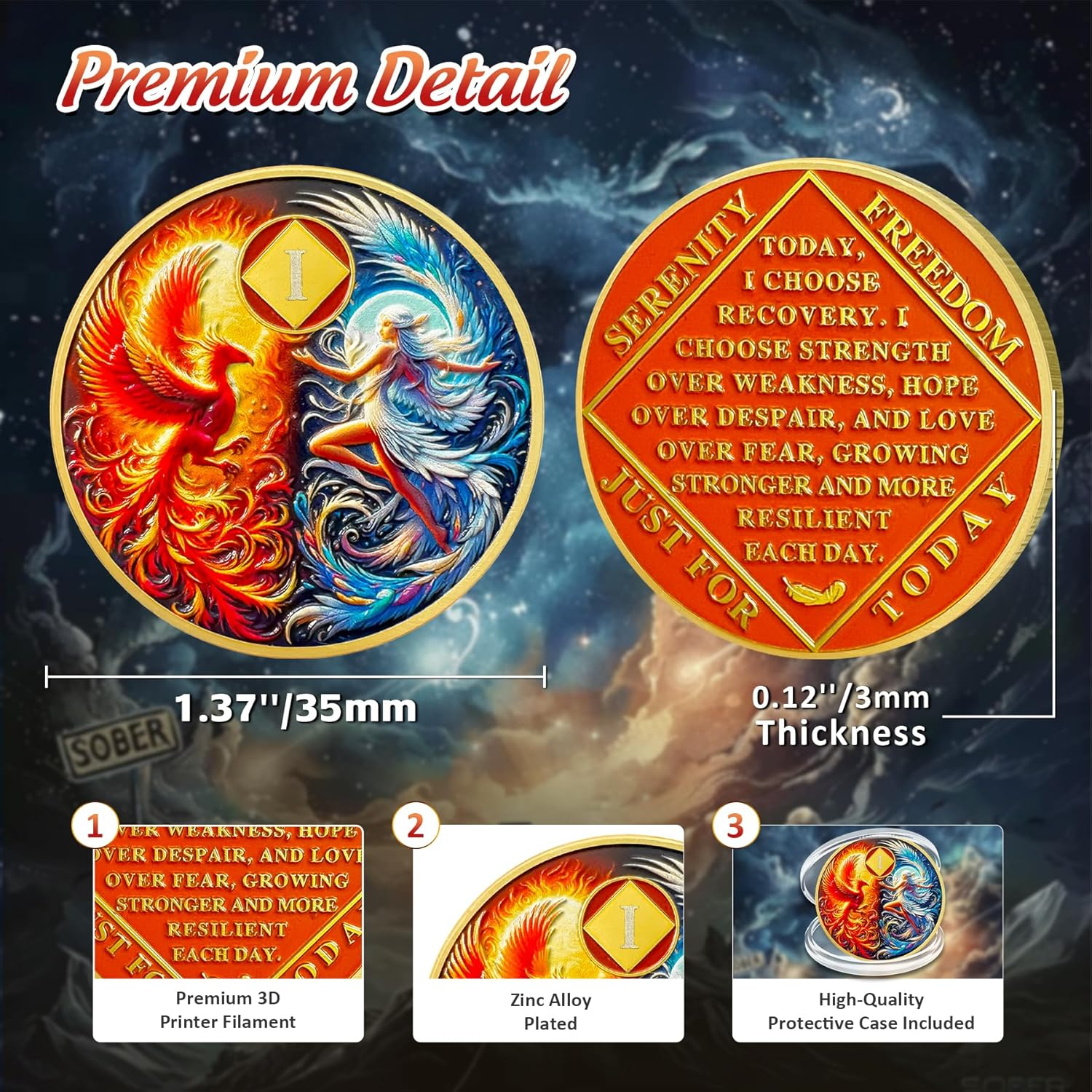 Phoenix Fairy 1 Year Na Medallions - Sun and Moon Sobriety Coin - One Year Recovery Addiction Token - Celebrate Clean and Sober Chip - 0-10 Prime Narcotics Anonymous Gifts for Men Women image number 1