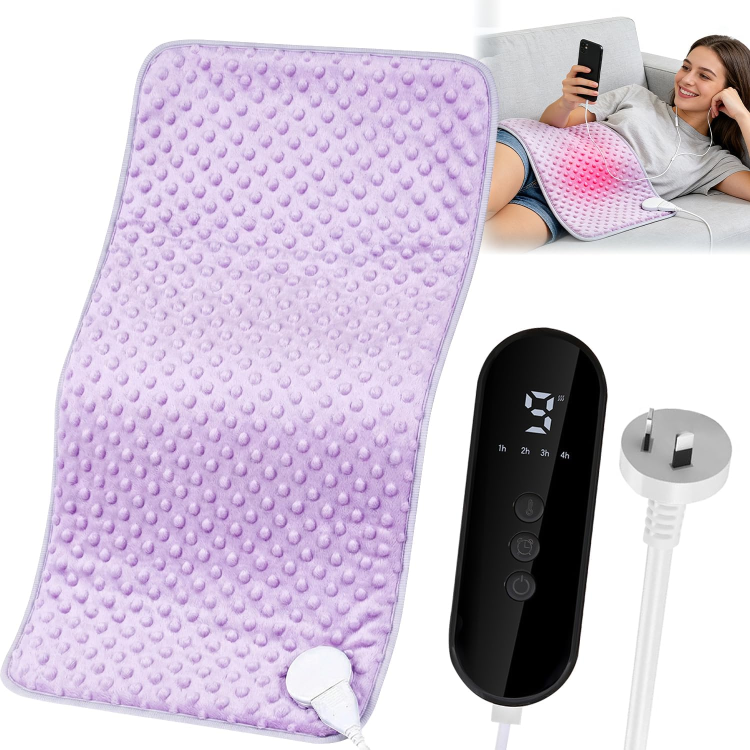 Yakiter Heating Pad for Back Pain, 30X125Cm Heating Pad with 9 Heating Levels and 4 Timer Auto Off, Fast Heating，For Cramps Neck Abdominal Shoulder, Machine Washable - Purple-60*30