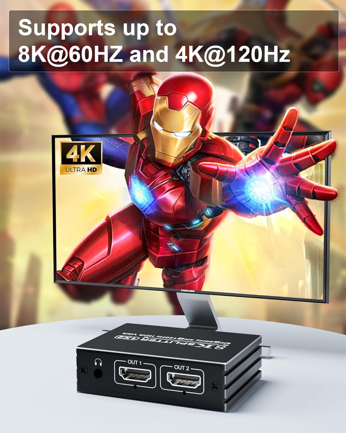 8K HDMI 2.1 Splitter 1 in 2 Out - HDMI Splitter 1X2 for Dual Monitors Mirror Only, Supports 8K@60Hz, 4K@120Hz, 48Gbps, EDID, HDCP 2.3, HDR10+, VRR, Dolby Vision Atmos - for PC, Laptop, TV, PS5, PS4