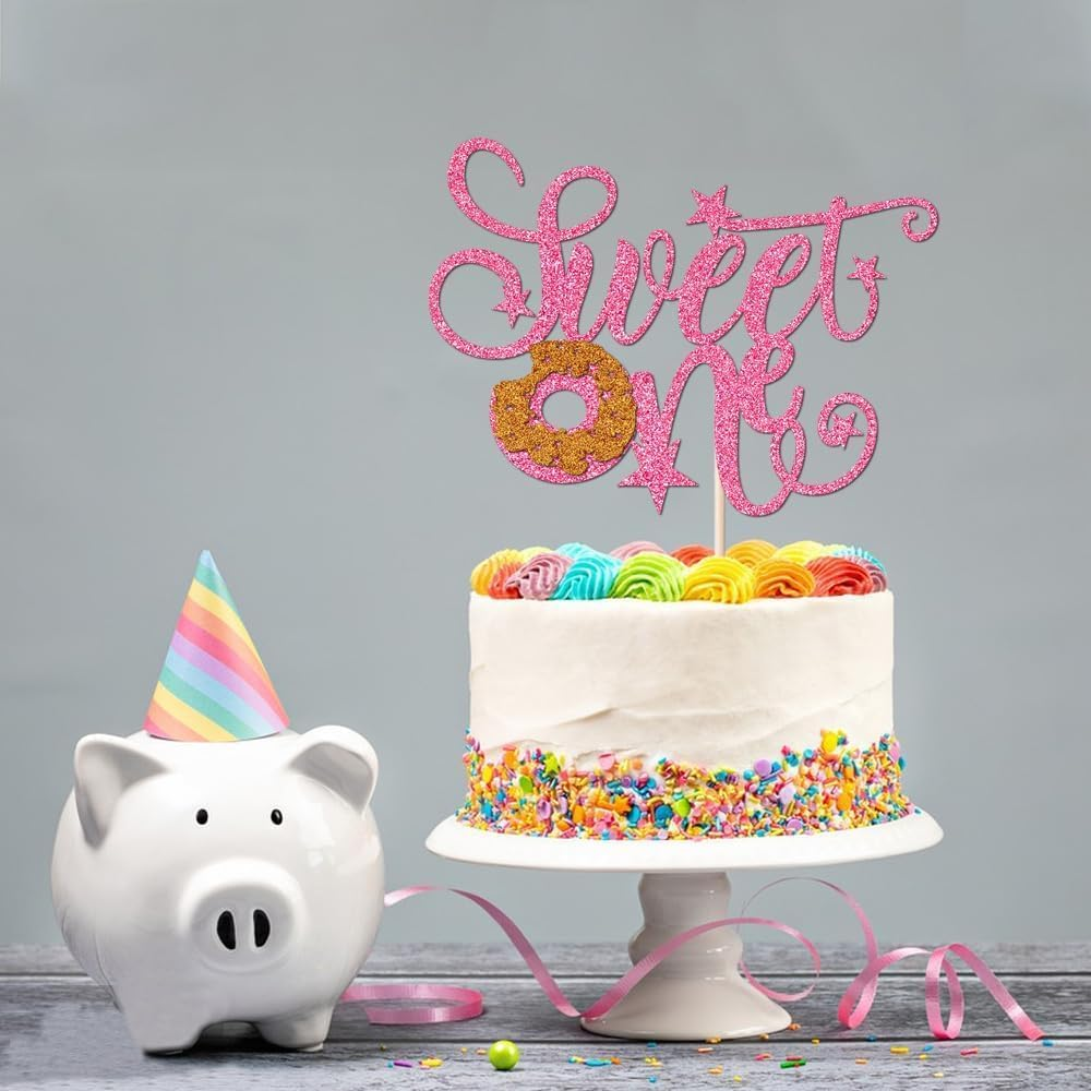 Confetti! Sweet Donut One Cake Topper | Candyland Sweet One | First Birthday Party Supplies | Baby Shower Decor，Donut 1St Themed Baby Shower Birthday Party Cake Supplies (Pink Glitter) image number 4