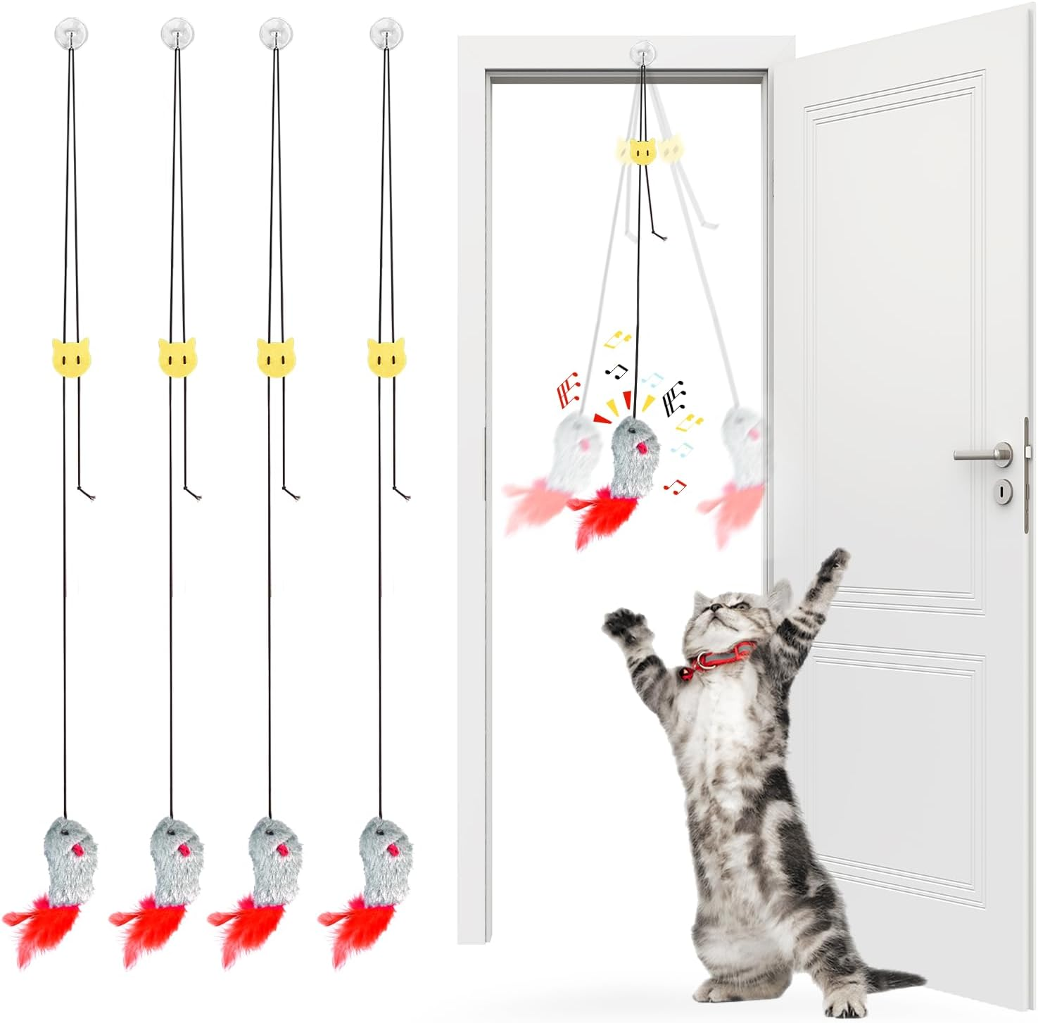 QINLECTRI Pack of 4 Cat Toys Self-Employment Hanging Door Frame Elastic Mouse Interactive Cat Toy Mouse with Feather Tail Interactive Dancer Cat Toy Mice