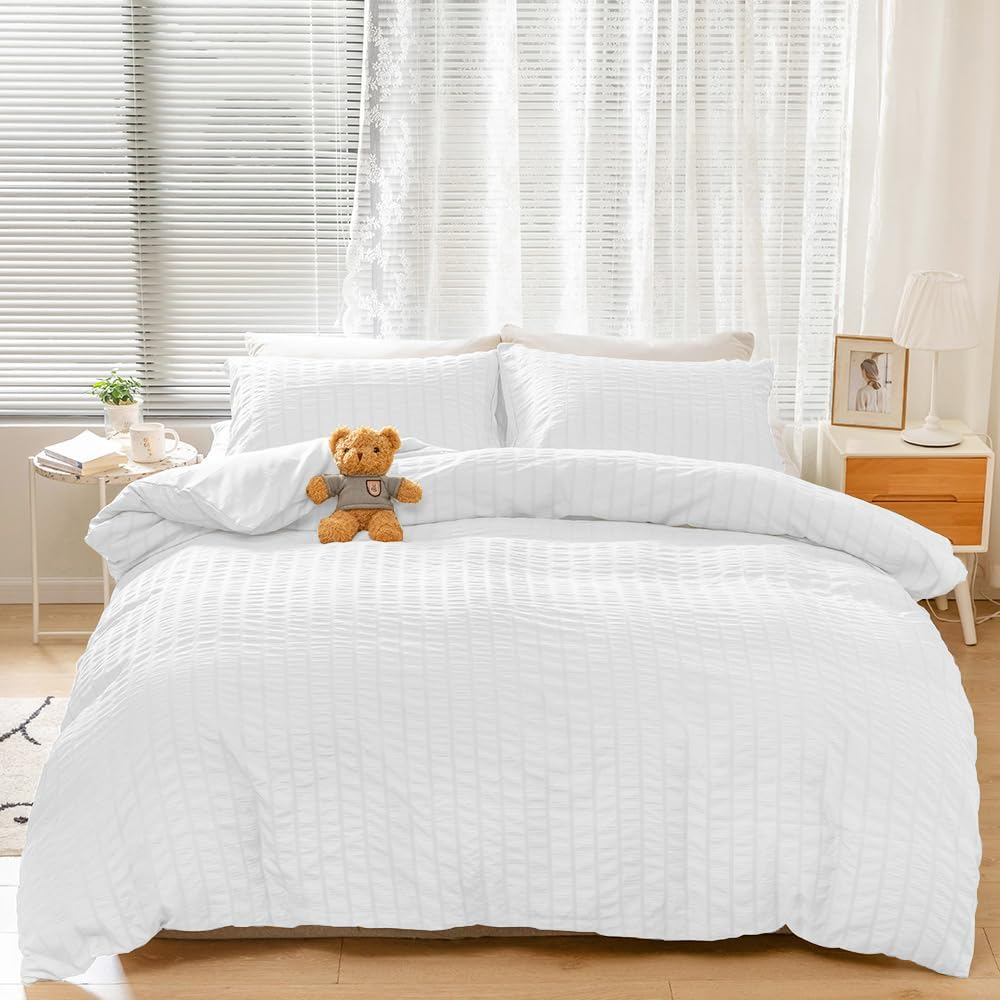 AYO Duvet Cover Bedding Cover Set [Seersucker Fabric] Duvet Cover Fitted Sheet Pillowcase Soft (White, Double, 4 Piece Set) image number 3