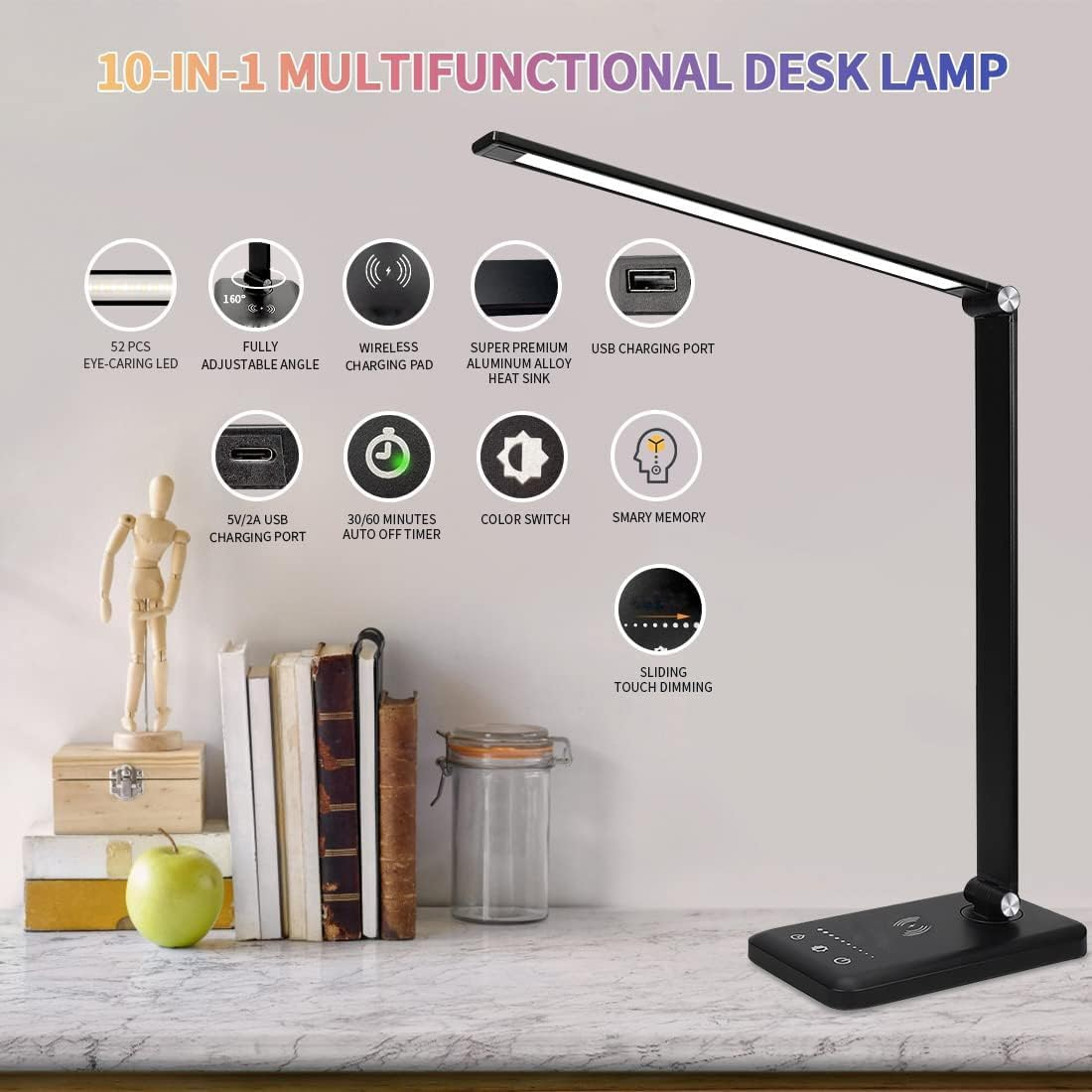 Lylilidy LED Desk Lamp with Wireless Charger & Plug, Table Lamp with 10 Brightness, 5 Lighting Colors, Dimmable Eye-Caring Desk Lamps for Home Office, Touch Control, 30/60Min Auto Timer image number 3