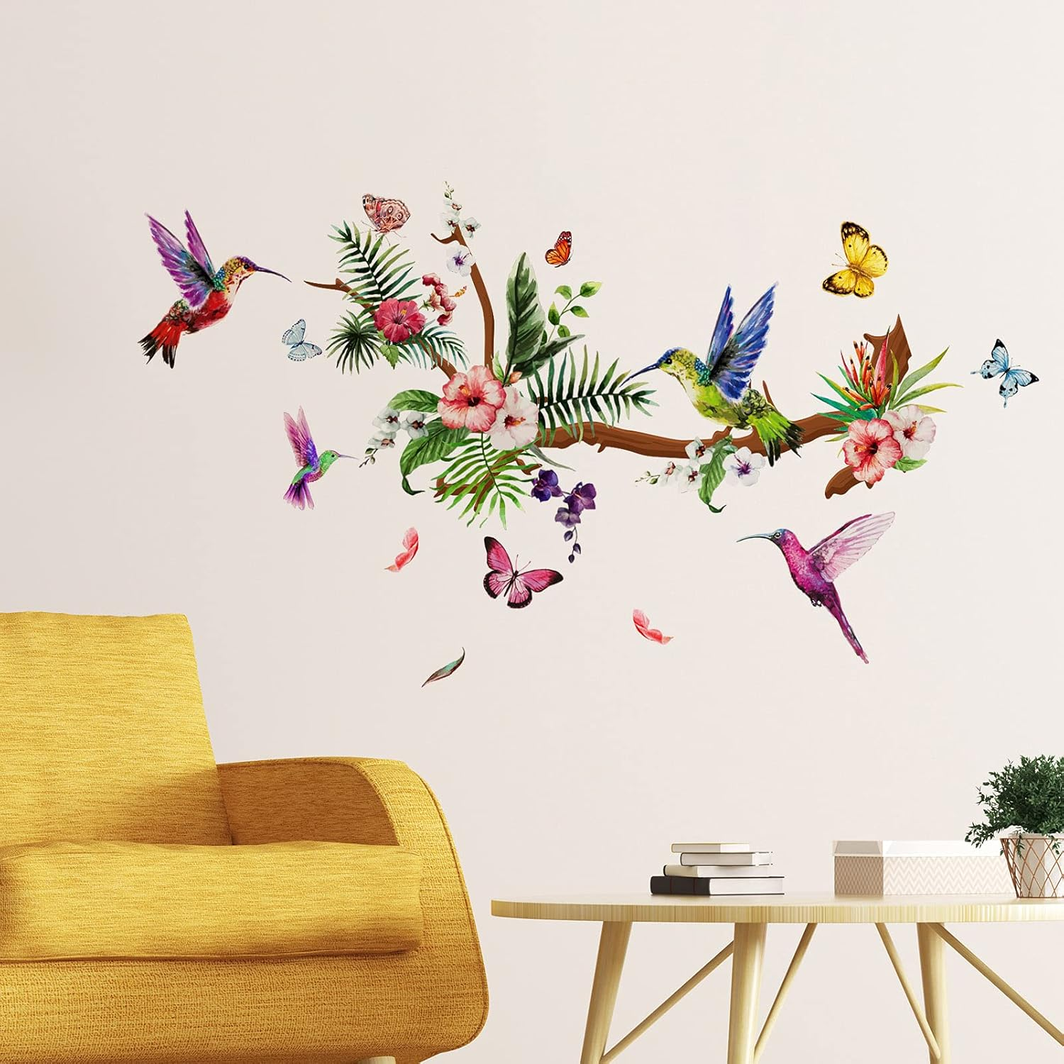 Zonon Hummingbirds Wall Decals Peel and Stick Birds Vinyl Wall Stickers Butterfly Flowers Colorful Hummingbird on the Tree Branch Flower Decals Garden Living Room Bedroom TV Decorations image number 1