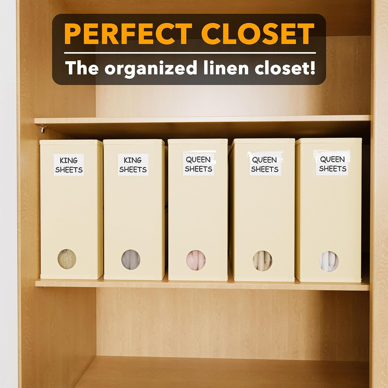 Spaceaid 5 Pack Bed Sheet Organizers and Storage, Foldable Sheet Organizer for Linen Closet, Sheets Set Folder Keeper with Window XL (Queen & King Size) Organizing Bedding Container, Beige image number 3