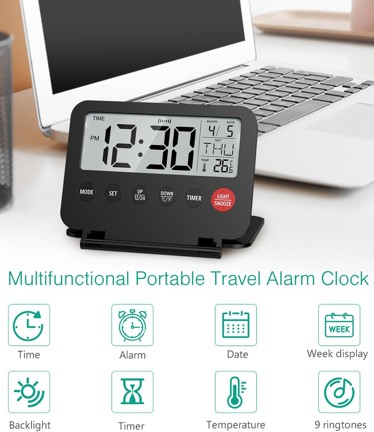 ORIA Digital Travel Alarm Clock, Small Foldable Alarm Clock, Battery Operated LCD Desk Clock, Simple Operation Calendar Clock with Backlight, Date, Temp, Snooze, for Home, Office,Travel image number 1