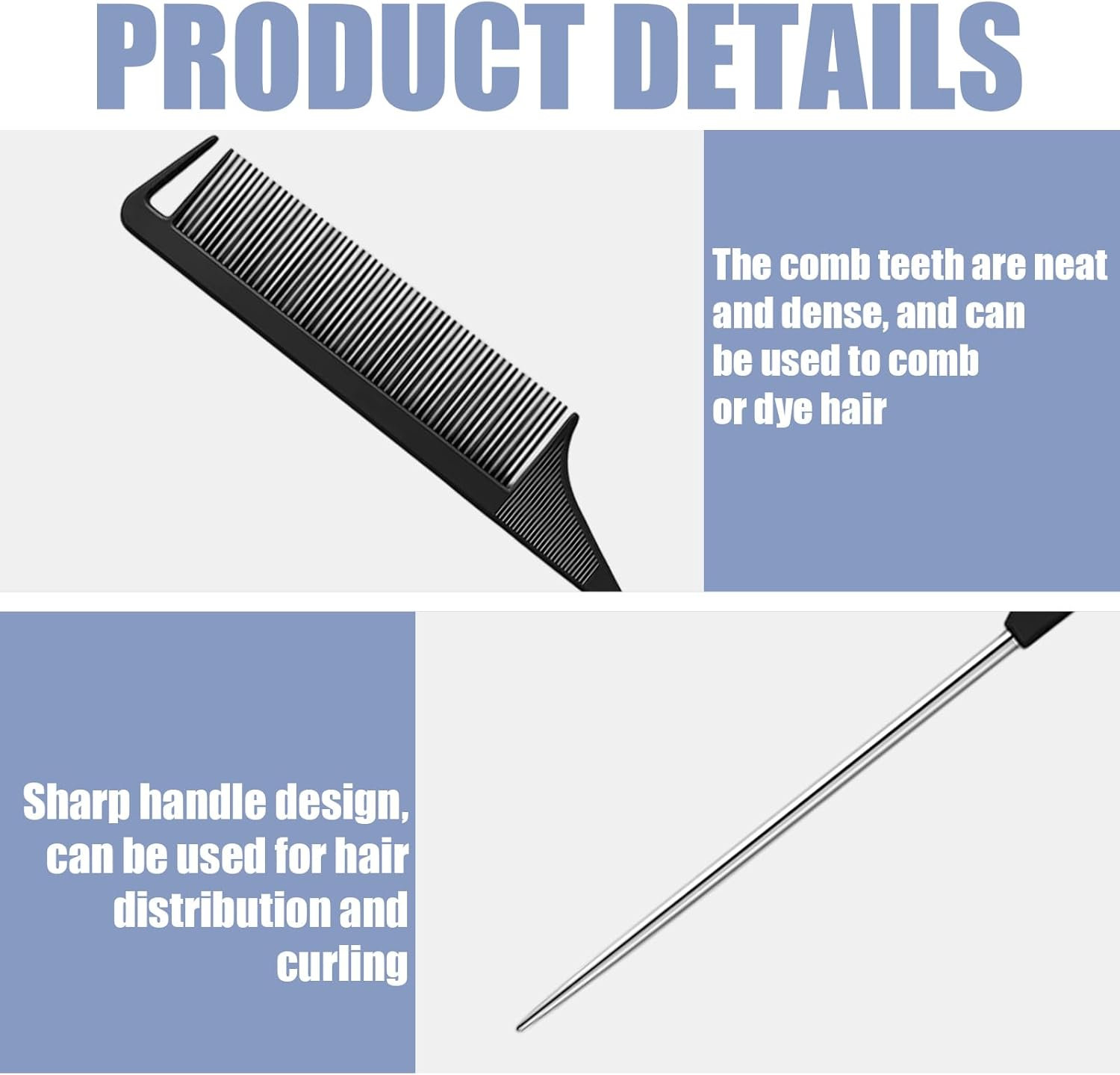 6 Pack Rat Tail Comb, Stainless Steel Pintail & Heat Resistant Carbon Fiber Teasing Comb for Women - Hair Parting, Styling, Backcombing(Black, White, Pink, Purple) image number 5