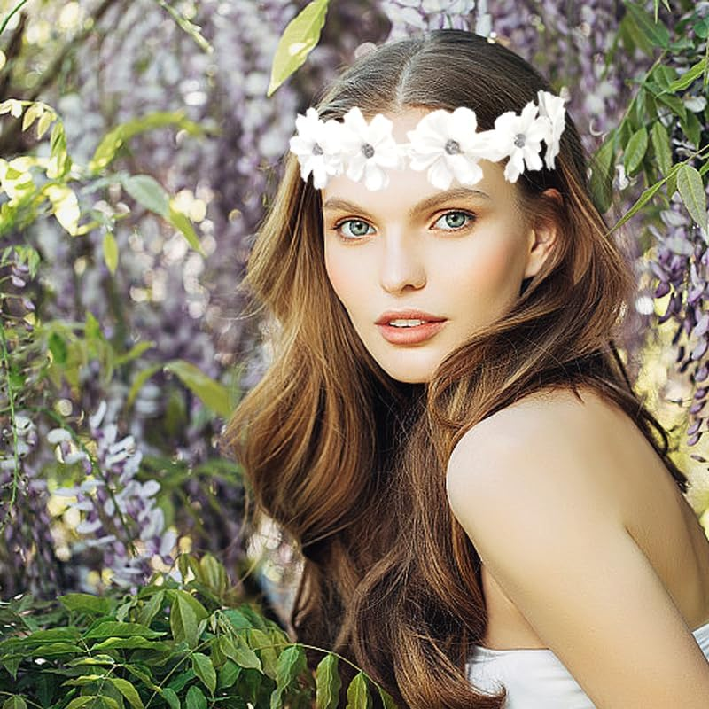 Atifober Hippie Daisy Flower Headbands for Women，White Flower Crown 70S Flower Headbands Fashion Floral Crown Headpiece Daisy Hair Wreath Hippie Hair Accessories for Prom Wedding Party Photo Props image number 5