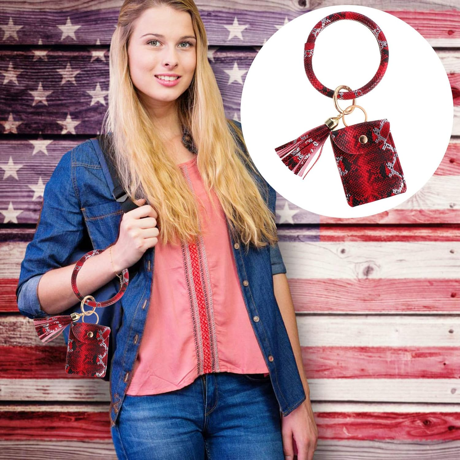 1 Pc Bracelet Keychain Leather Tassel Key Ring Wristlet Ring Circle Bangle Key Wristlet Keychain Ring Bracelets Backpack Keychain Bangle Keyring Coin Purse Pu Leather Multifunction image number 5