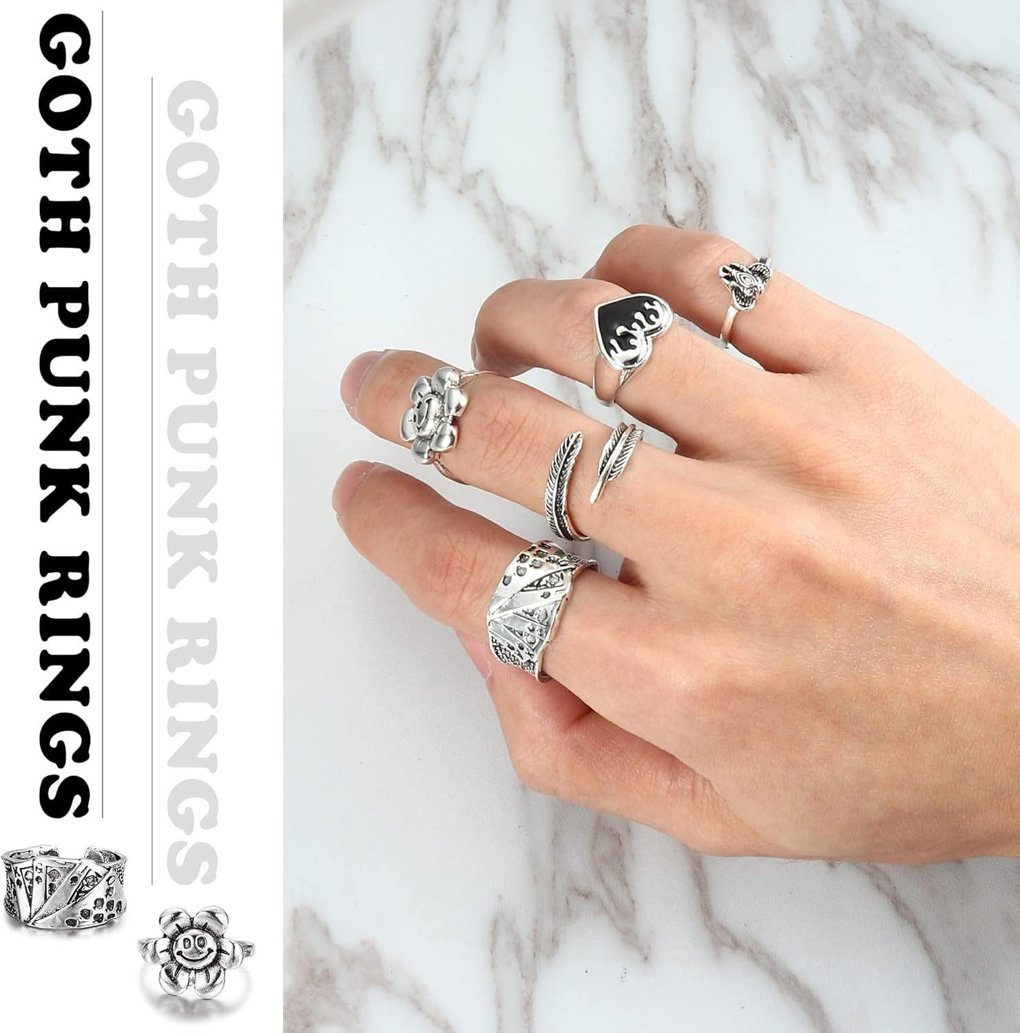 Sanfenly 49PCS Vintage Silver Punk Rings Knuckle Rings Set for Men Women Snake Cross Flower Chunky Rings Open Adjustable Goth Punk Hip Hop Cool Midi Stackable Rings Pack image number 1