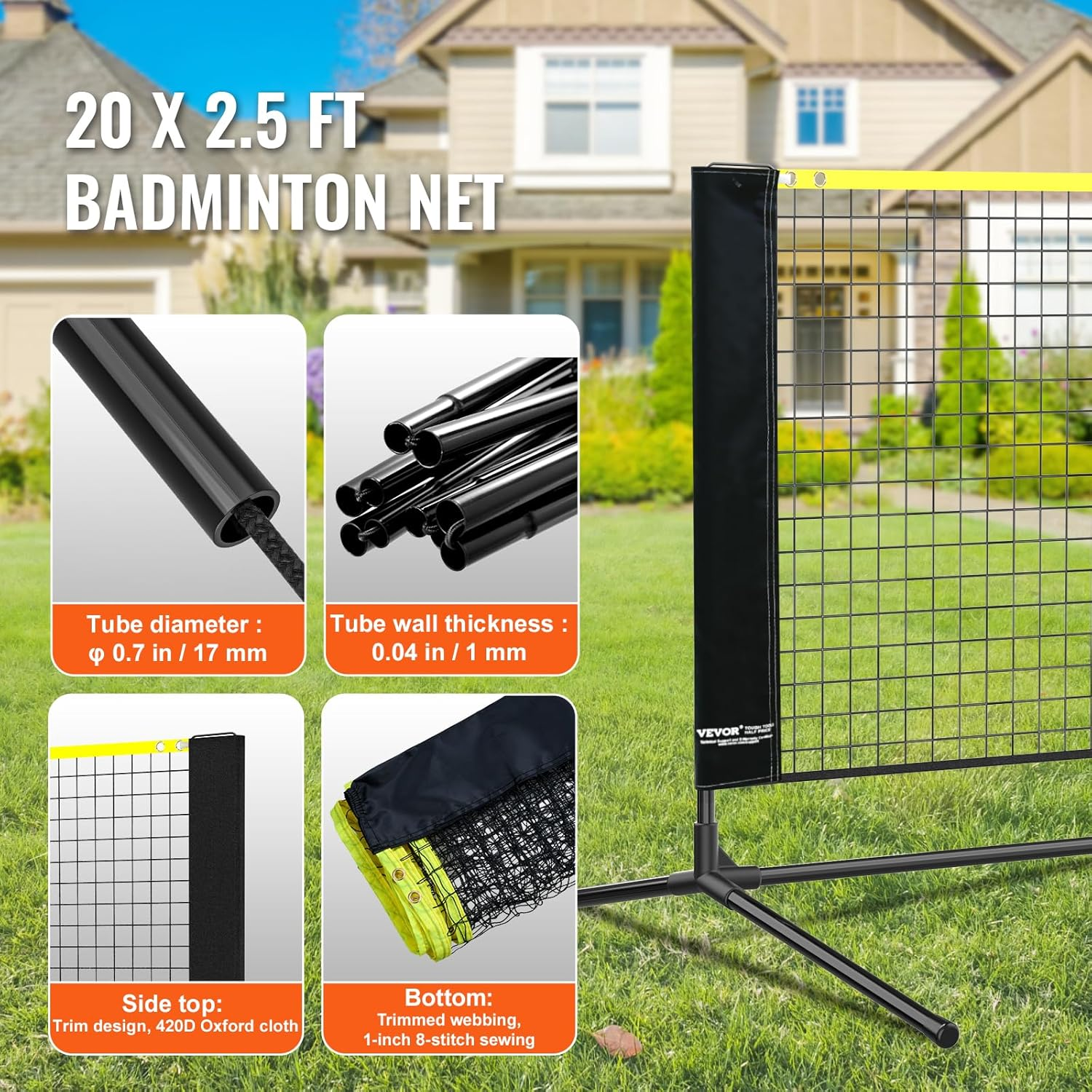 VEVOR Badminton Net, Height Adjustable Volleyball Net, 20Ft Wide Foldable Pickleball Net, Portable Tennis Net Set with Poles, Stand, Bag, Rackets, Nylon Shuttlecocks, Kid Backyard Indoor Outdoor Use image number 3