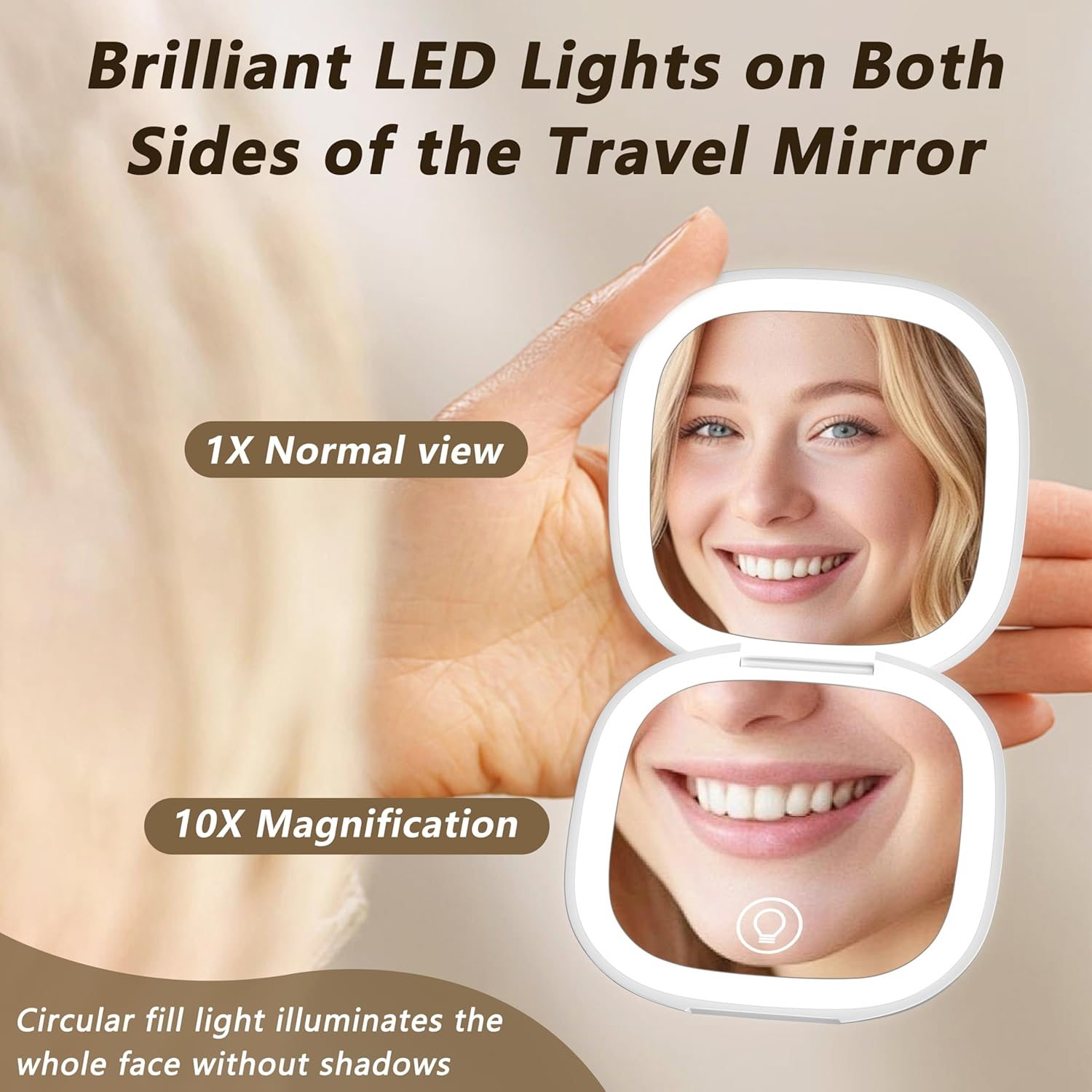 Travel Mirror 1X/10X Compact Mirror: Magnifying Makeup Mirror with 3 Colour Temperature LED, USB Rechargeable, Portable Pocket Mirror Magnetic Folding, Small Handheld Mirror Touch Sensor White