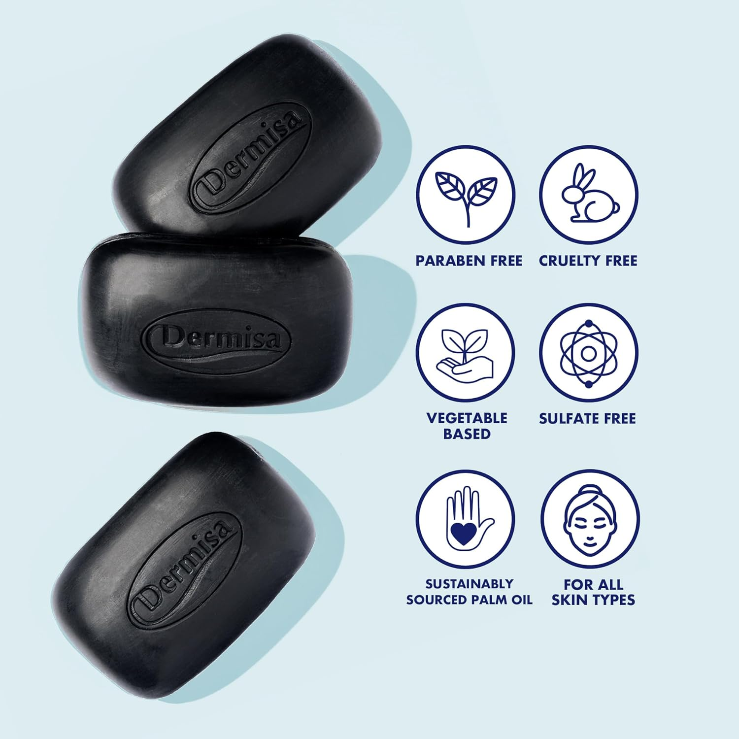 Dermisa Charcoal Bar | Natural Gentle Cleansing Bar | Contains Activated Charcoal, Coconut Oil, Shea Butter, Vitamin C & Licorice | NO PARABENS, NO SULFATES, 100% VEGETABLE BASE | 3 OZ | Pack of 3