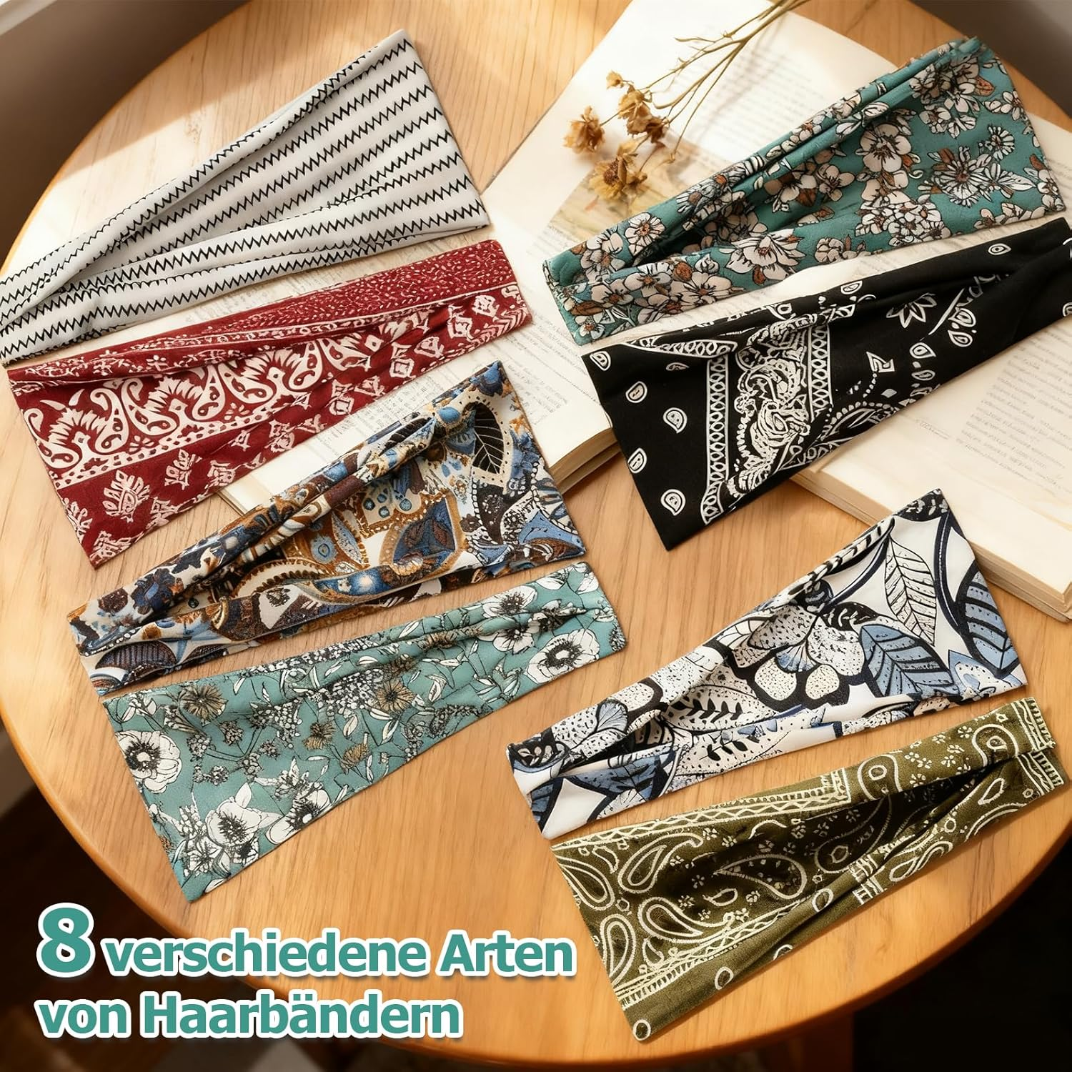 Hautllaif Pack of 8 Women'S Headbands - Soft Wide Hair Band, Elastic Sports Headband for Yoga, Fitness, Running, Boho Floral Print Hair Accessories image number 6