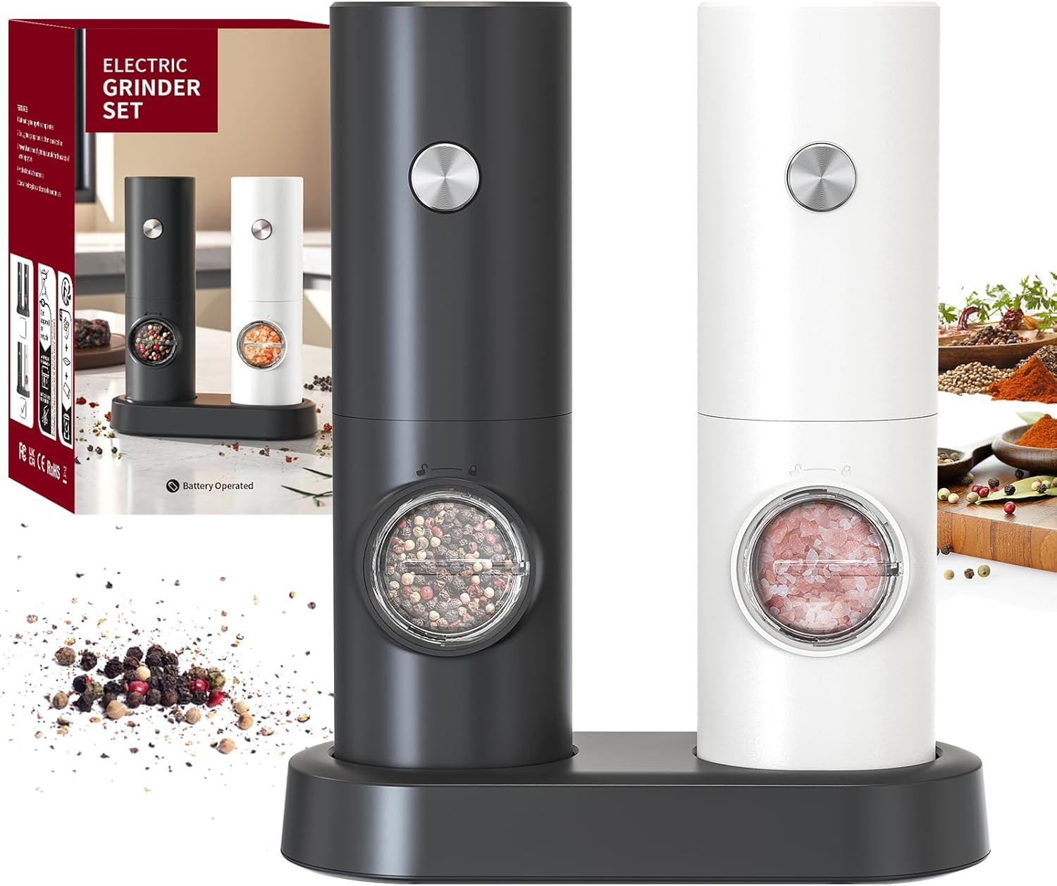 CIRCLE JOY Electric Salt and Pepper Grinder Set Battery Operated Spice Mills with Storage Base, White LED Light and Adjustable Coarseness, Black