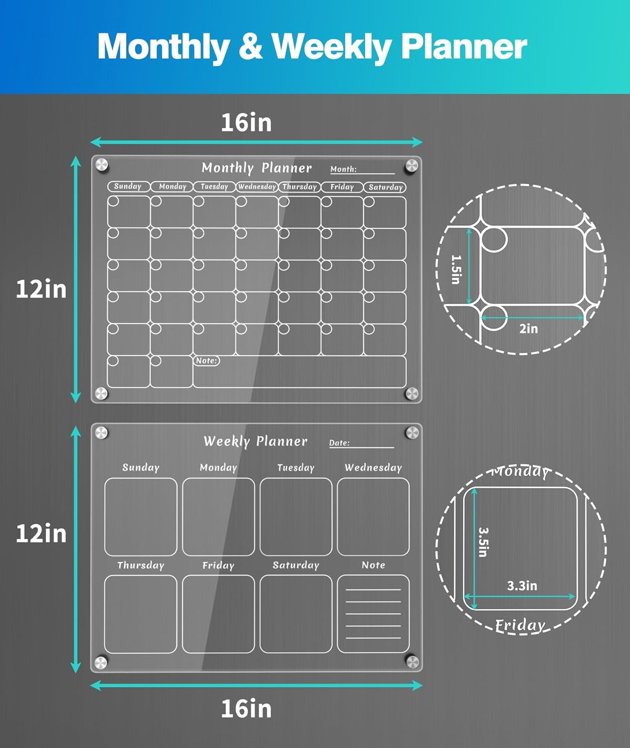 Joiyota Acrylic Magnetic Calendar for Fridge, 2-Pack Clear Dry Erase Monthly & Weekly Reusable Planner/Planning Board for Refrigerator, Includes 8 Markers, Pen Holder & Eraser, 30X40Cm, Popular in USA - Colorful Monthly  Weekly Planner image number 4