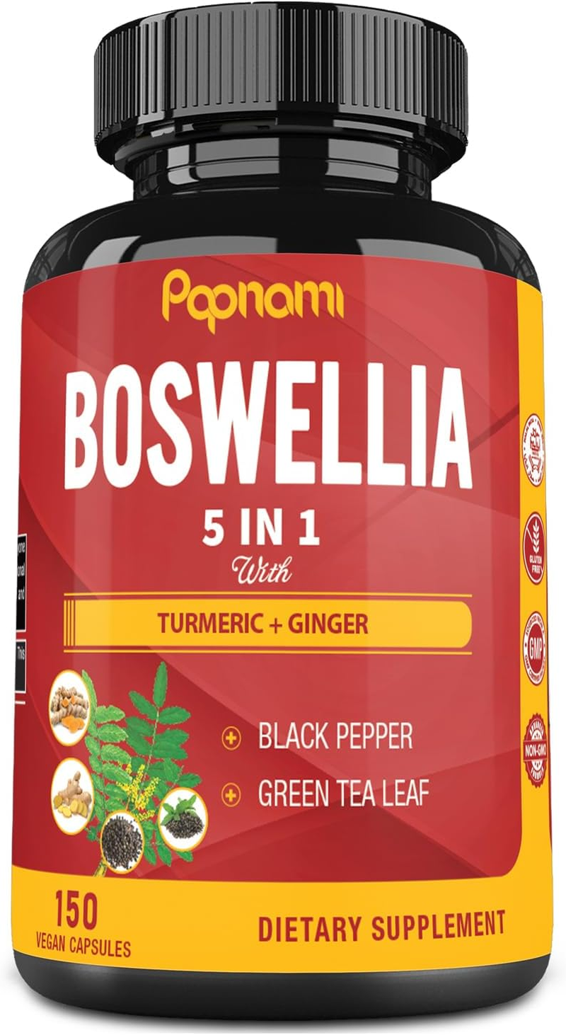 Organic Boswellia Serrata Capsules, 5 Months Supply & Turmeric Curcumin, Ginger, Black Pepper, Green Tea - 150 Vegan Capsules image number 3