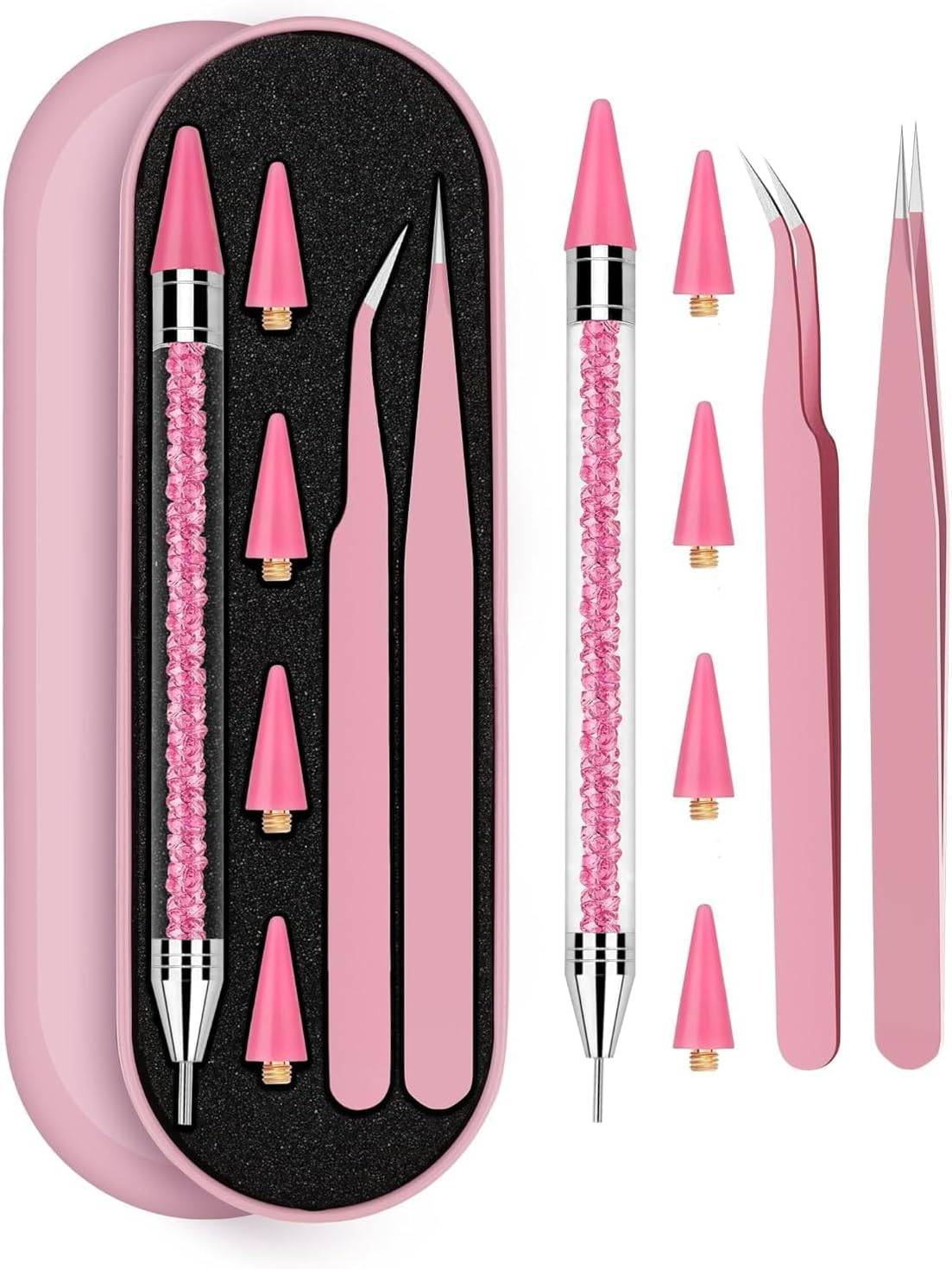 Difenni Rhinestone Picker Tool Set,Rhinestone Applicator Tool,Rhinestone Picker Dotting with 4 Extra Pink Replaceable Wax Head and 2 Tweezer (Pink)