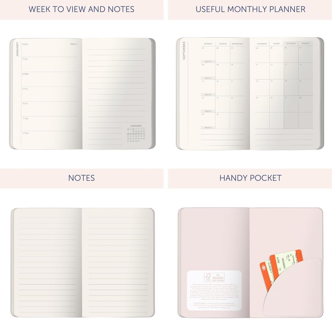 Busy B Pocket Weekly Planner Diary 2025 - Compact Diary for Students, Teachers, Work & More with Week-To-View Layout, Monthly Planners, Notes Pages, Storage Pocket & Elastic Closure Band - Navy Daisy image number 4